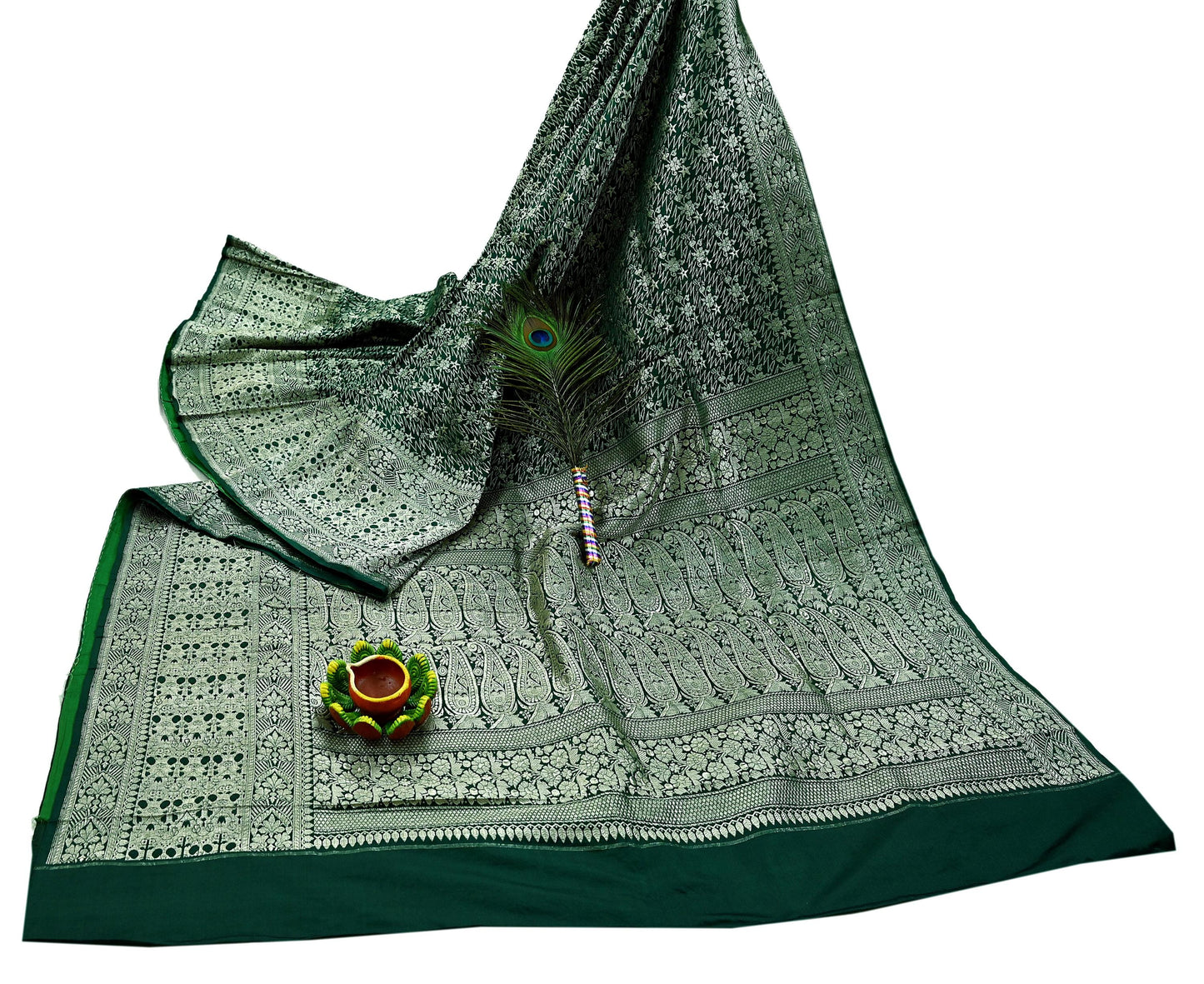 Indian Vintage Sari Bottle Green Heavy Wedding Pure Satin Silk Woven Banarasi Sarees Zari 6Yd Craft Fabric Dress making Crafting Quilting