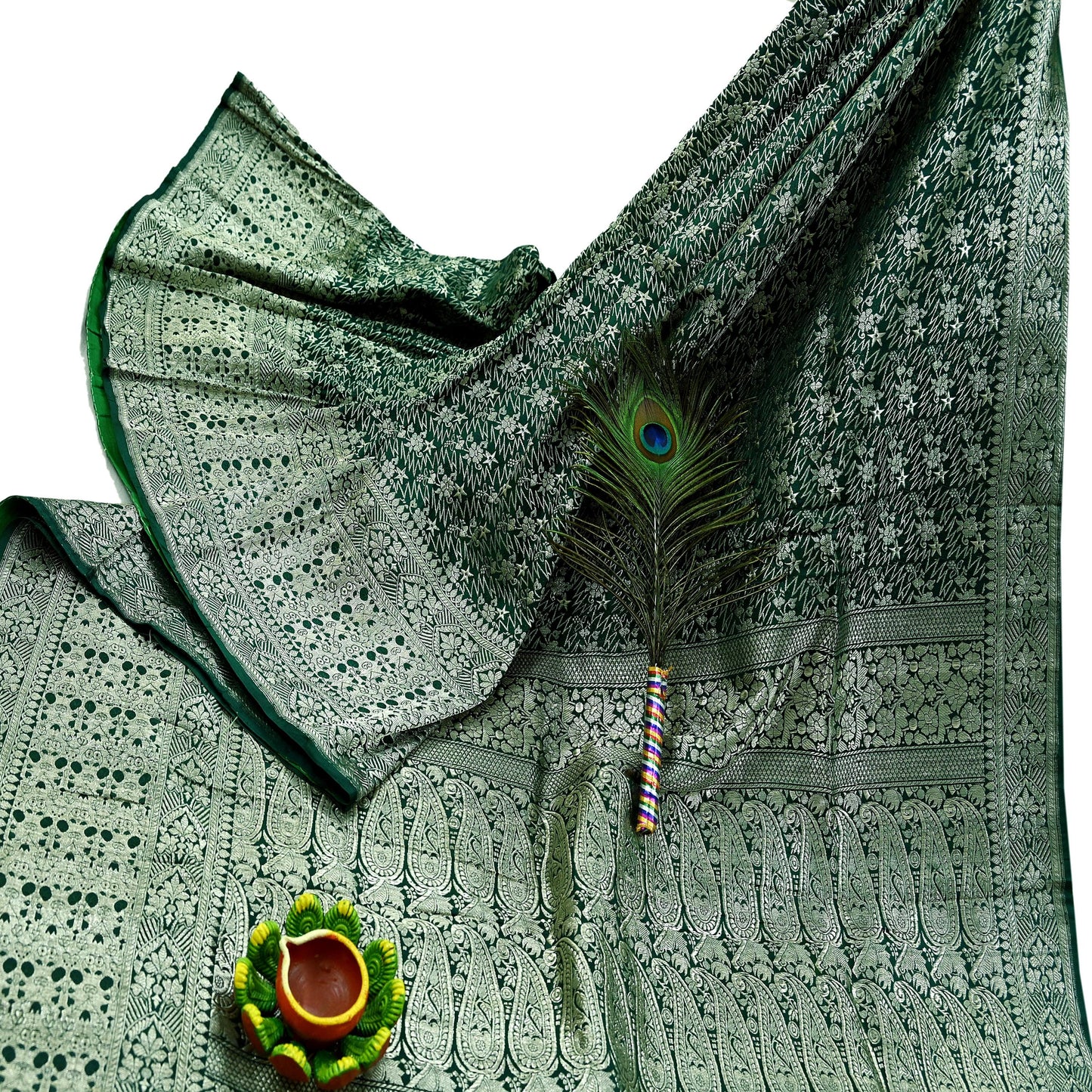 Indian Vintage Sari Bottle Green Heavy Wedding Pure Satin Silk Woven Banarasi Sarees Zari 6Yd Craft Fabric Dress making Crafting Quilting