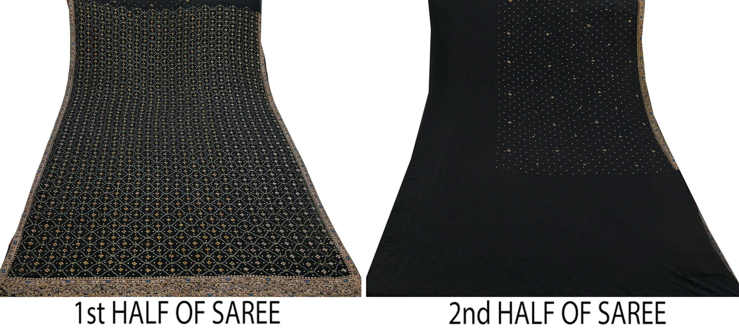 Indian Vintage Black Sarees Pure Georgette Silk Pre-owned Hand Beaded Ritu Kumar Designer Sari 6Yd Soft Ethnic Bollywood Party sarees