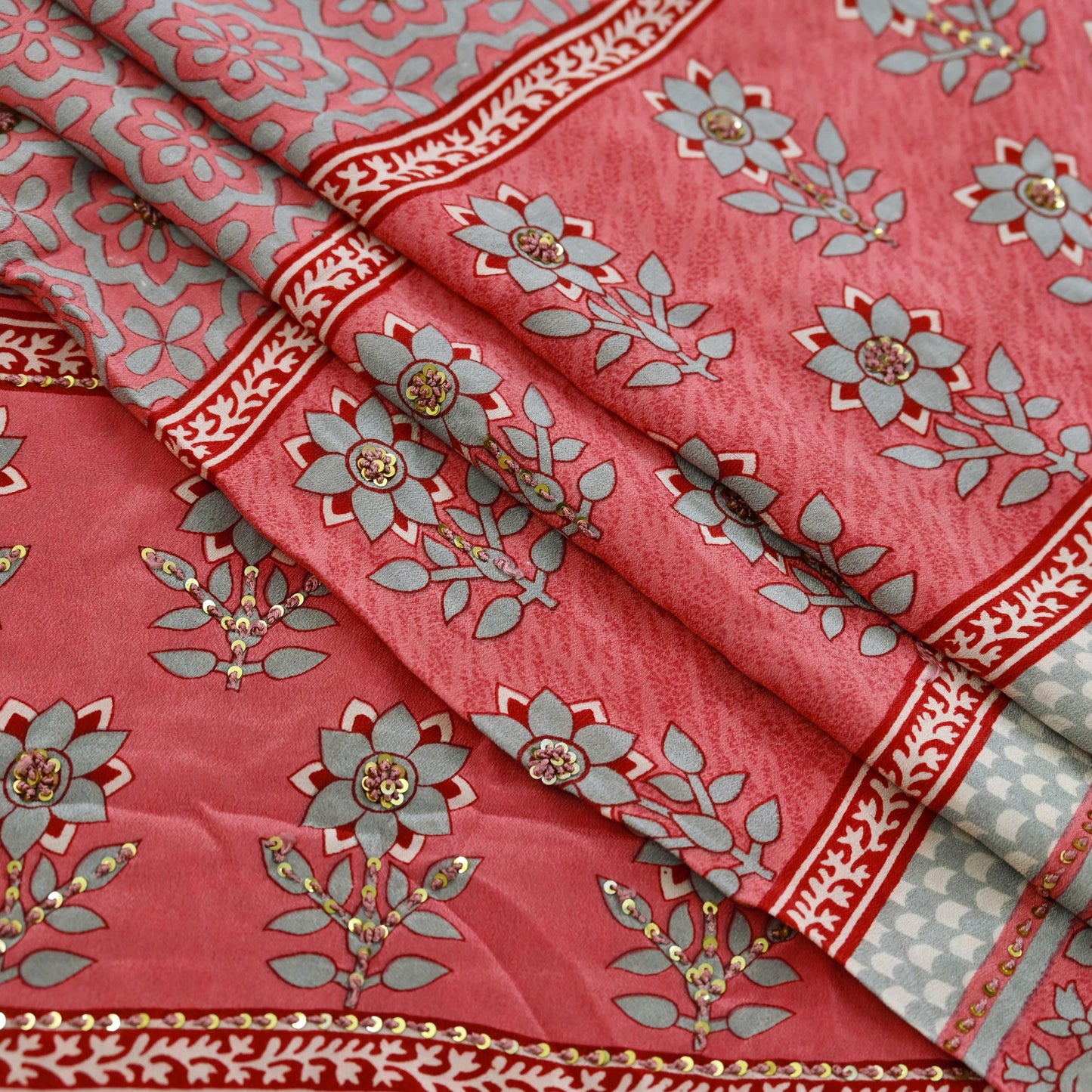Indian Vintage Sari Pink & Gray Pure Crepe Silk Hand Embroidered Saree 5yard Sewing Floral Craft Sequins Dress making Crafting Quilting