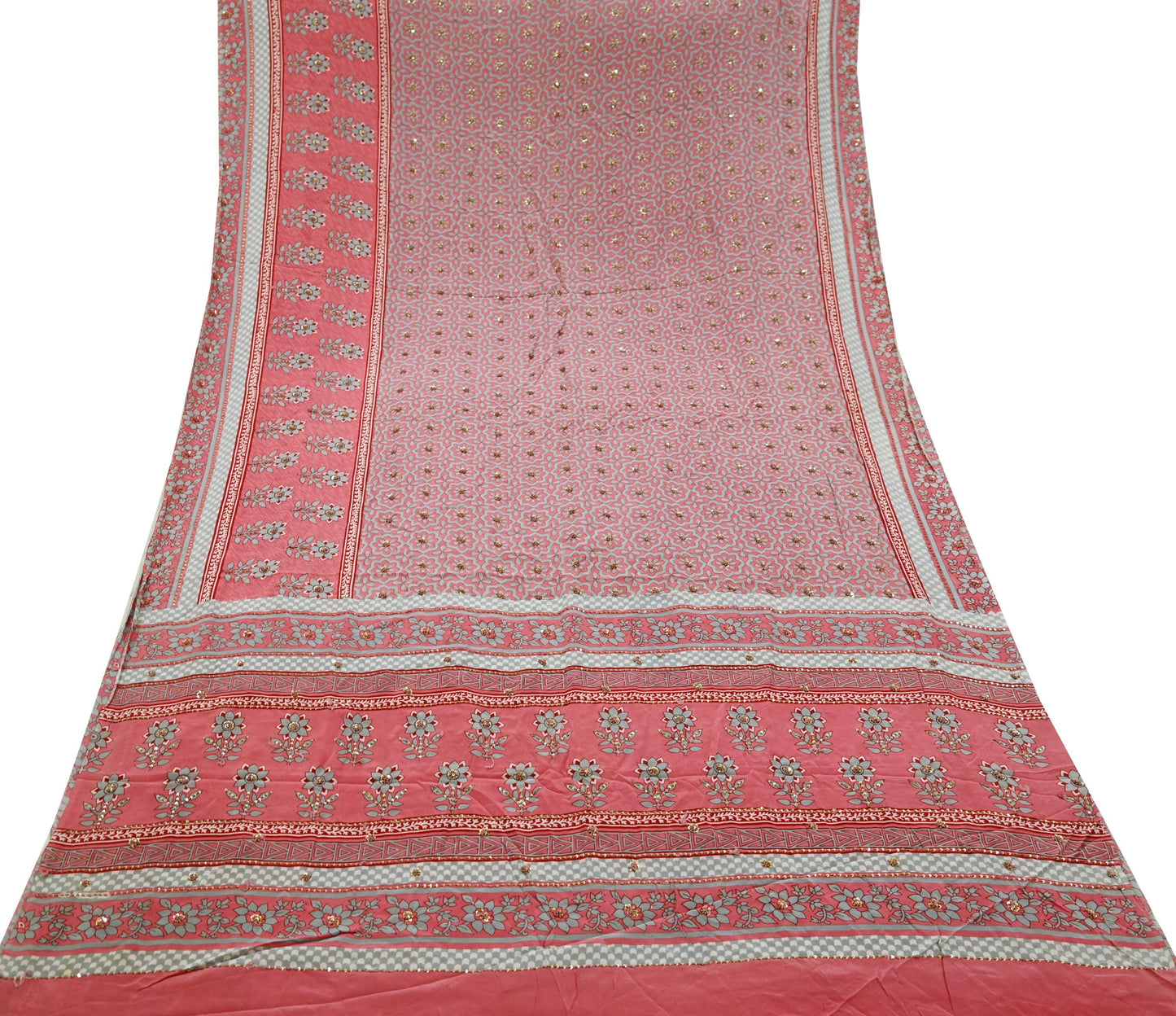 Indian Vintage Sari Pink & Gray Pure Crepe Silk Hand Embroidered Saree 5yard Sewing Floral Craft Sequins Dress making Crafting Quilting