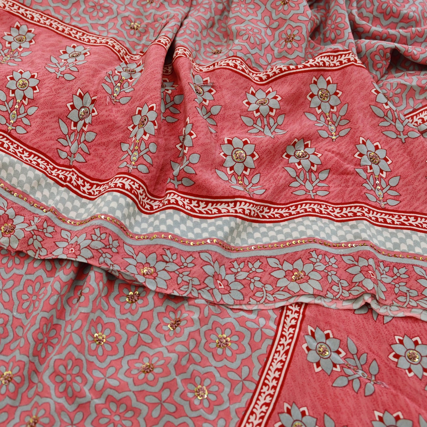 Indian Vintage Sari Pink & Gray Pure Crepe Silk Hand Embroidered Saree 5yard Sewing Floral Craft Sequins Dress making Crafting Quilting
