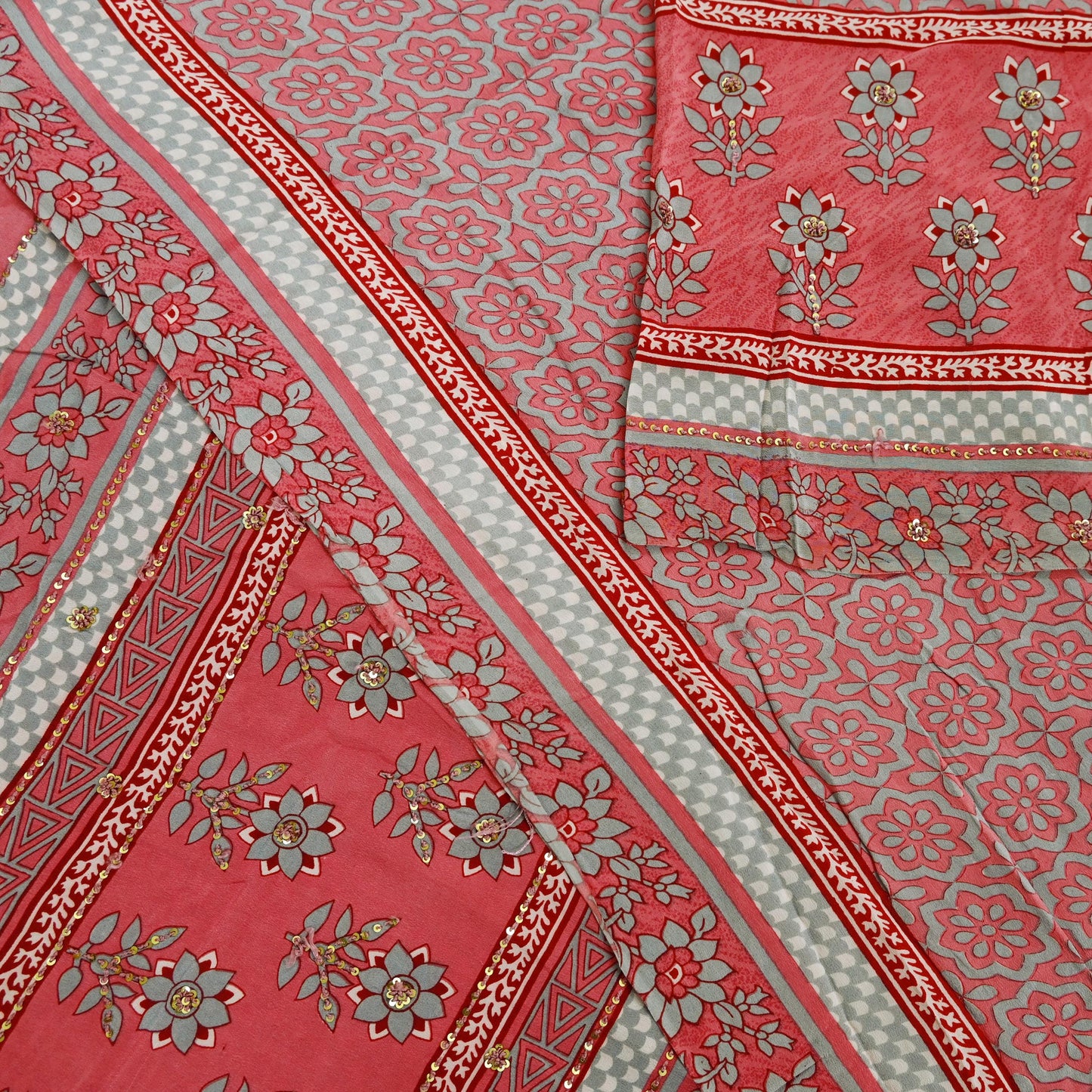 Indian Vintage Sari Pink & Gray Pure Crepe Silk Hand Embroidered Saree 5yard Sewing Floral Craft Sequins Dress making Crafting Quilting