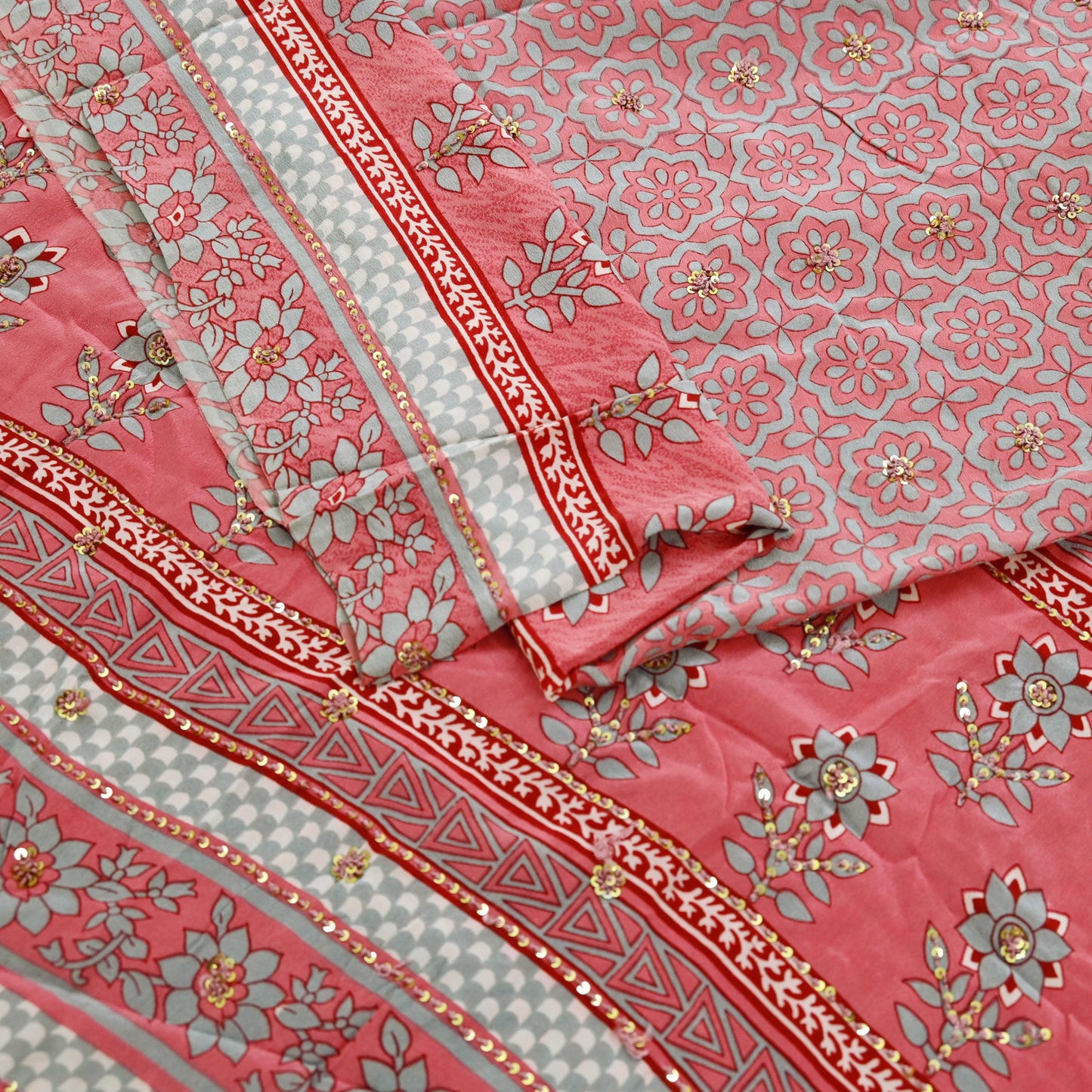 Indian Vintage Sari Pink & Gray Pure Crepe Silk Hand Embroidered Saree 5yard Sewing Floral Craft Sequins Dress making Crafting Quilting