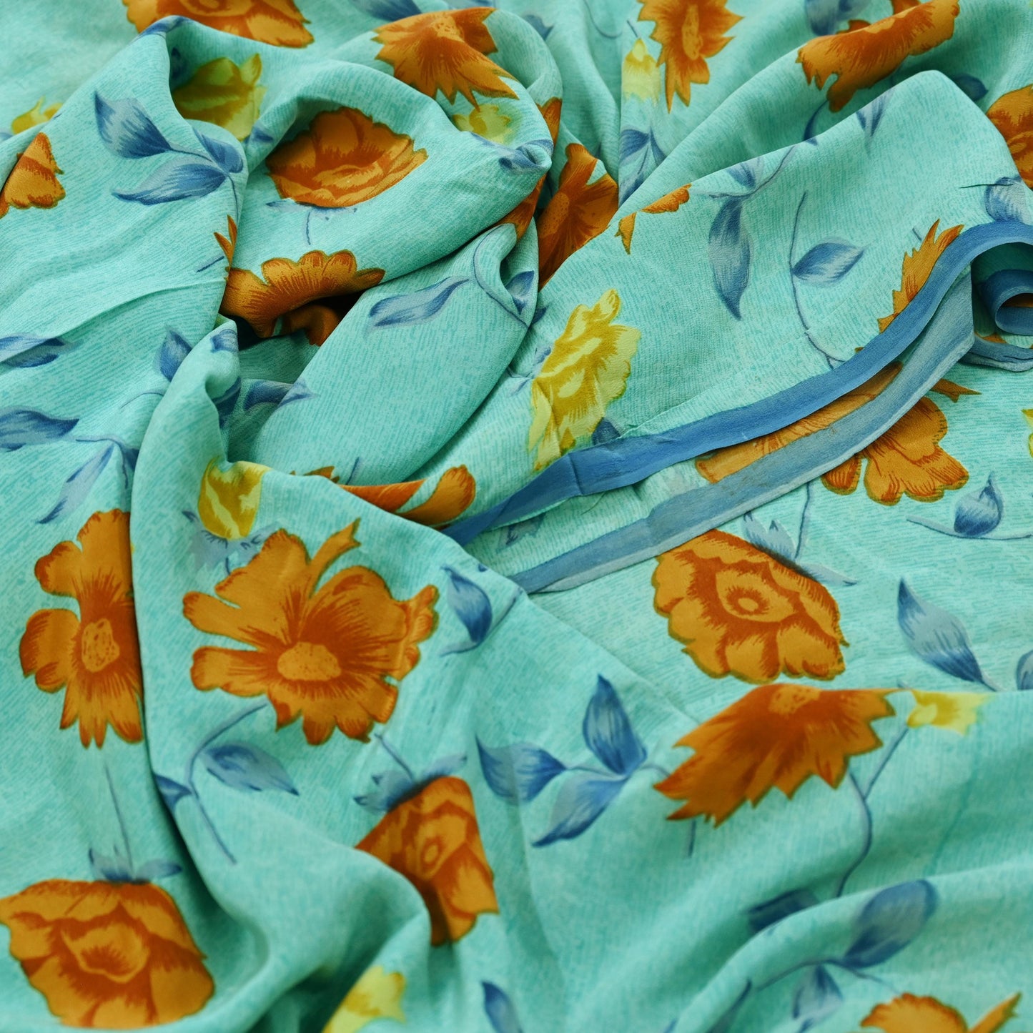 Indian Vintage Sari Blue & Green Pure Crepe Silk Printed Saree 5yd Sewing Floral Soft Craft Fabric Wrap Dress making Crafting Quilting