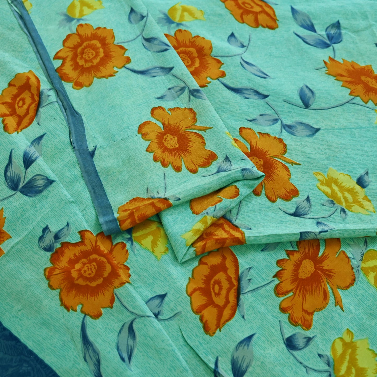 Indian Vintage Sari Blue & Green Pure Crepe Silk Printed Saree 5yd Sewing Floral Soft Craft Fabric Wrap Dress making Crafting Quilting