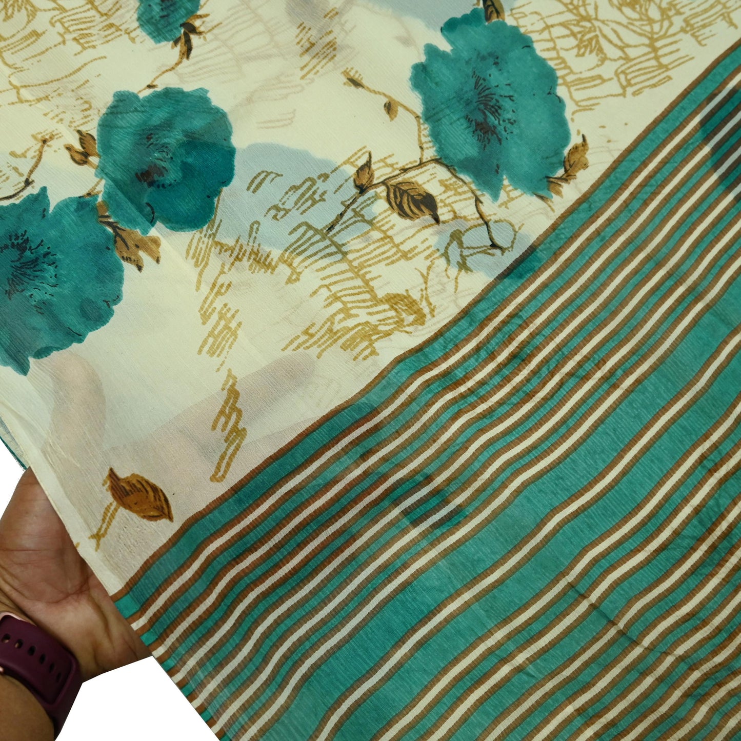 Indian Vintage Sari Green & Ivory Pure Chiffon Silk Printed Sarees 5Yd Craft Fabric Sewing Soft Light Sari Dress Making Upcycle Quilting