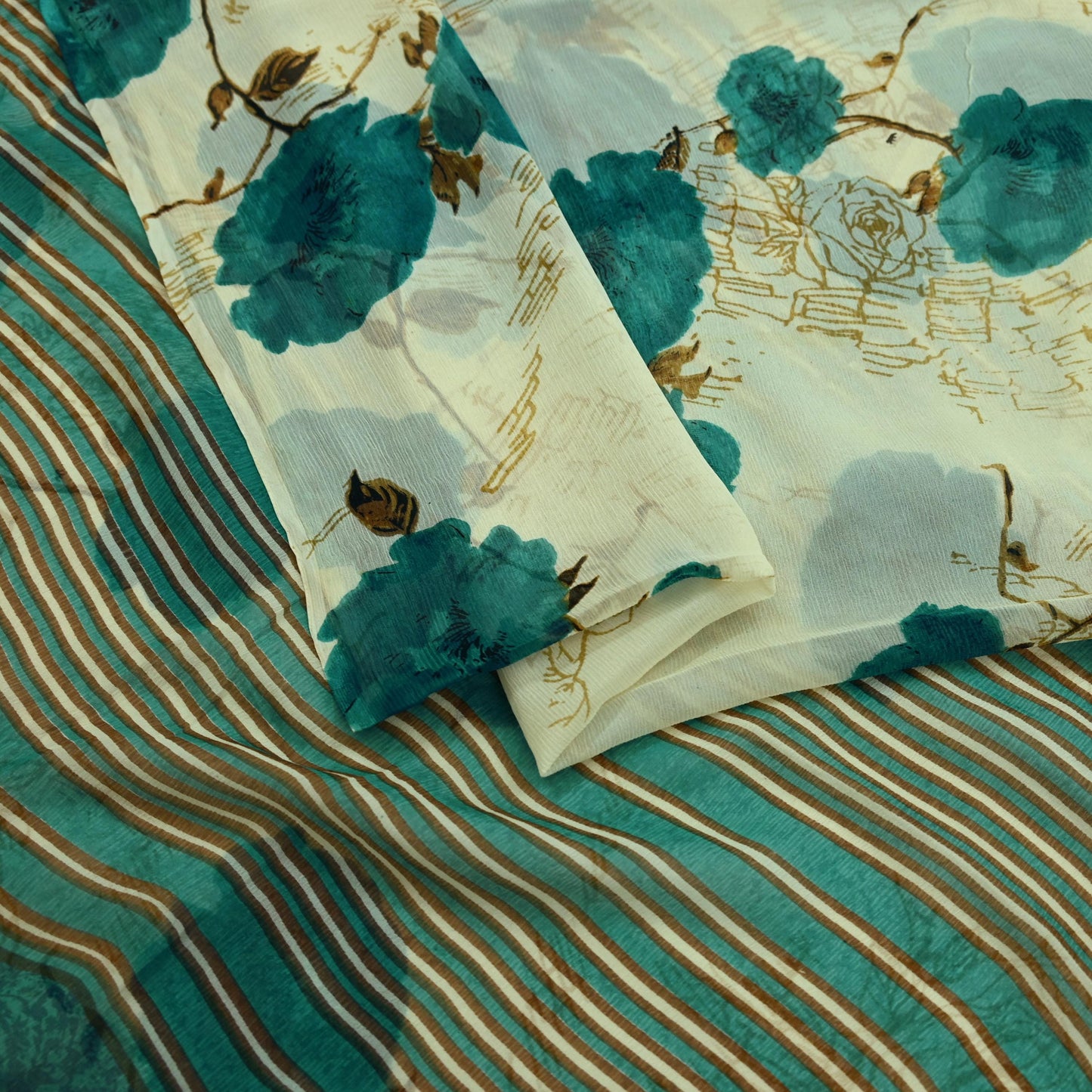 Indian Vintage Sari Green & Ivory Pure Chiffon Silk Printed Sarees 5Yd Craft Fabric Sewing Soft Light Sari Dress Making Upcycle Quilting