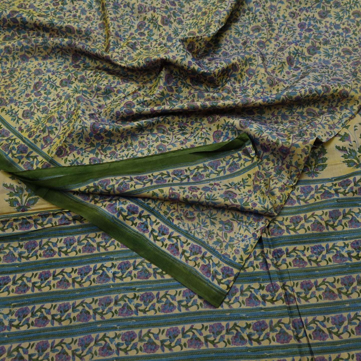 Indian Vintage Sari Beige 100% Pure Silk Block Printed Sarees Craft Fabric 5yd Sewing Dress Making Soft Floral Crafting Quilting