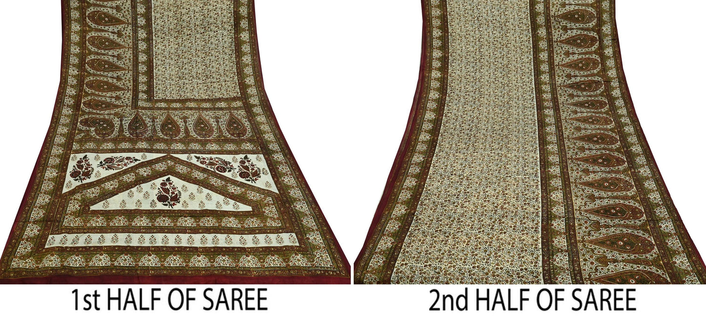 Indian Vintage Ivory & Green Saree Pure Silk Printed Sari 5yd Sewing Craft Fabric Dress Making Soft Crafting Quilting Quilting Upcycle
