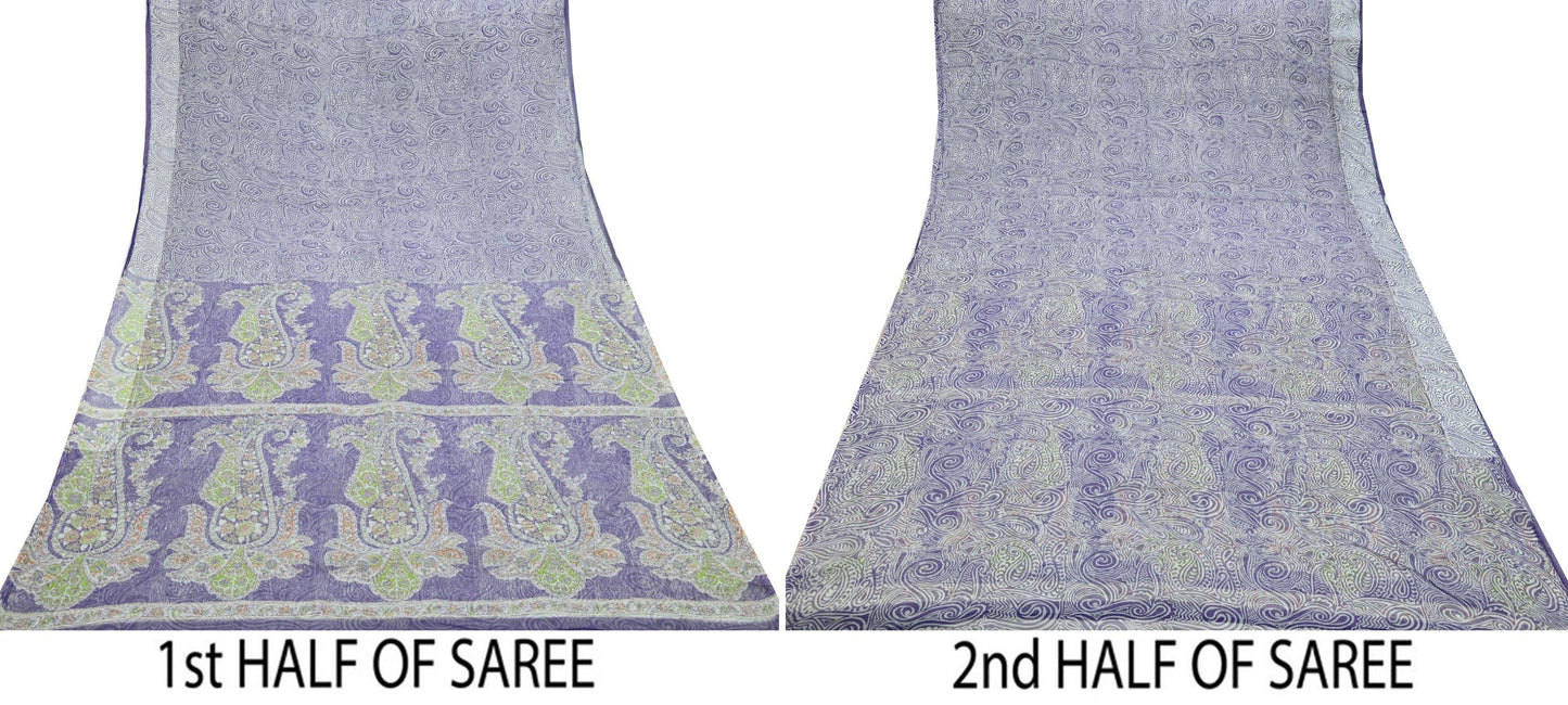 Indian Vintage Sari White & Purple Printed Pure Cotton Saree Craft Fabric 5Yd Sewing Sarong Wrap Boho Paisley Dress making Quilting Crafting