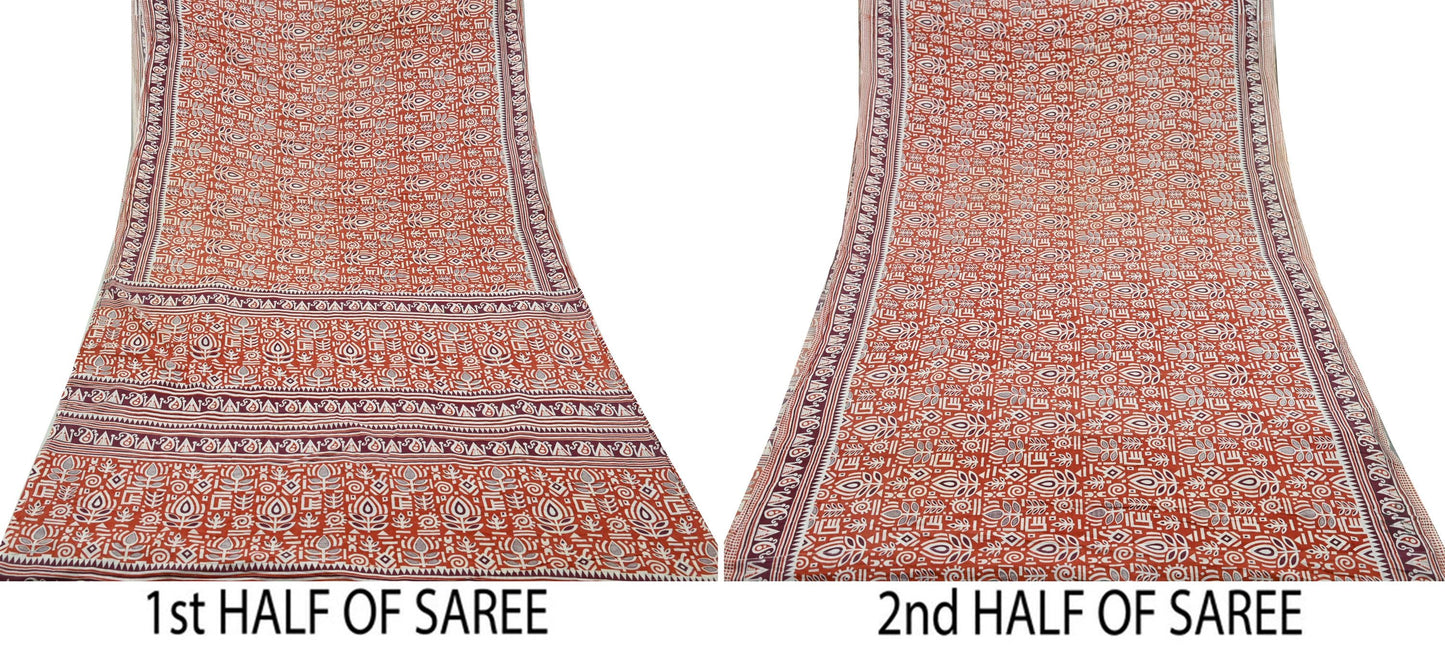 Indian Vintage Sari Orange Printed 100% Pure Cotton Sarees Craft Fabric Soft 5Yd Sewing Sarong Wrap Boho Dress making Quilting Crafting