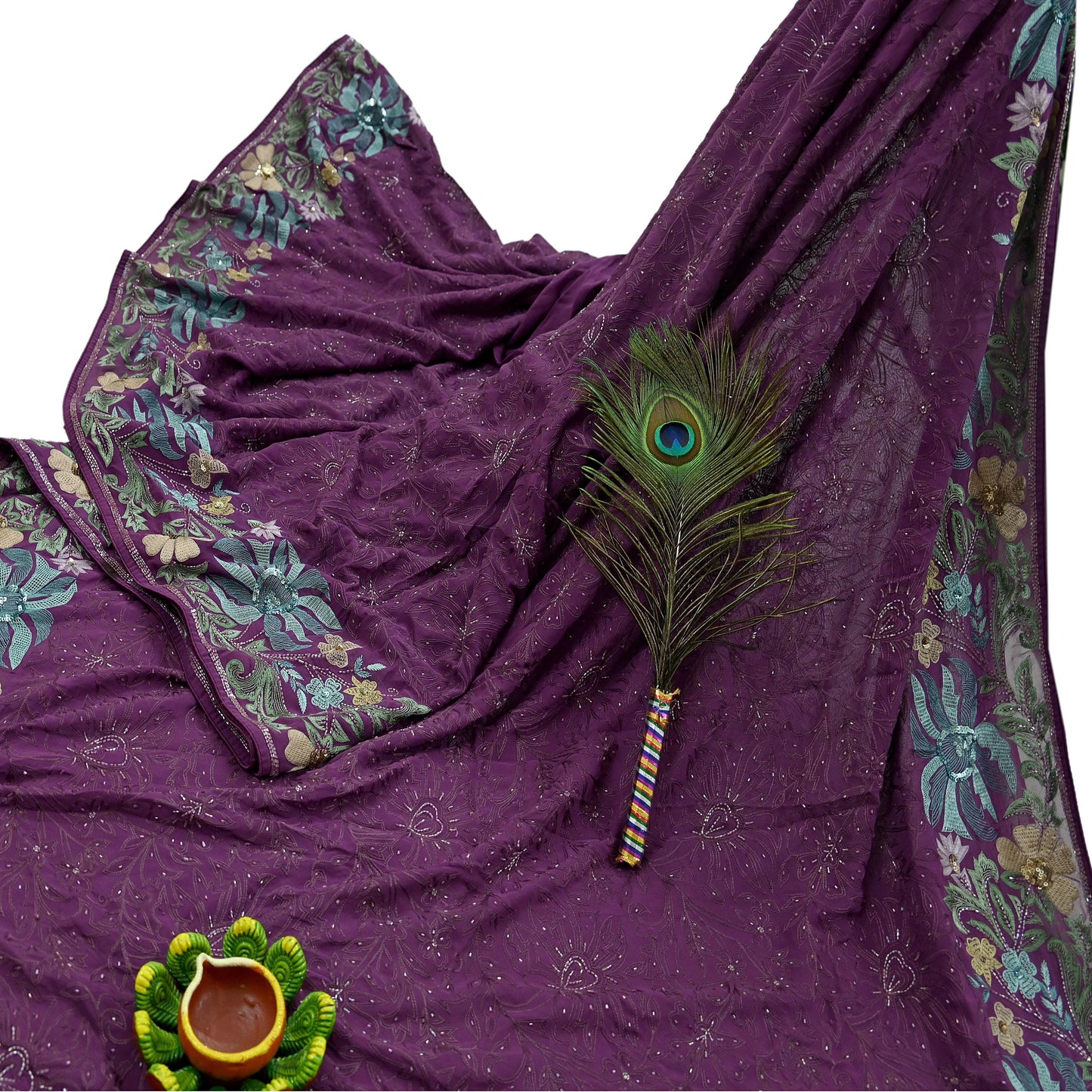 Indian Vintage Purple Saree Pure Georgette Silk Hand Beaded Sari Fabric 5Yd Sewing Soft Ethnic Dress making Crafting Bollywood Party Wear