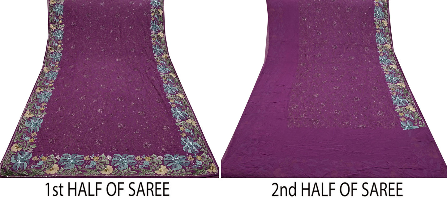 Indian Vintage Purple Saree Pure Georgette Silk Hand Beaded Sari Fabric 5Yd Sewing Soft Ethnic Dress making Crafting Bollywood Party Wear
