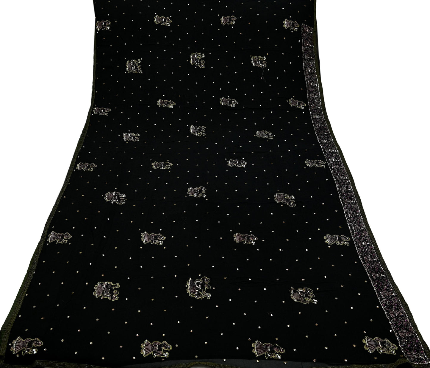Indian Vintage Heavy Sari Black Pure Georgette Silk Hand Beaded Sarees Craft Fabric 5Yd Sewing Soft Ethnic Wedding Heavy Sarees Dress making