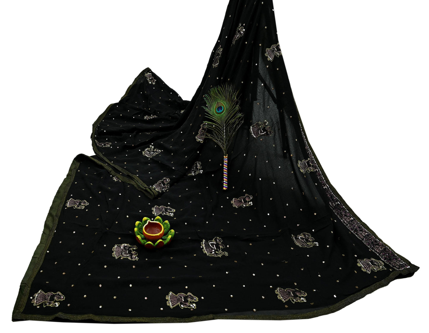 Indian Vintage Heavy Sari Black Pure Georgette Silk Hand Beaded Sarees Craft Fabric 5Yd Sewing Soft Ethnic Wedding Heavy Sarees Dress making