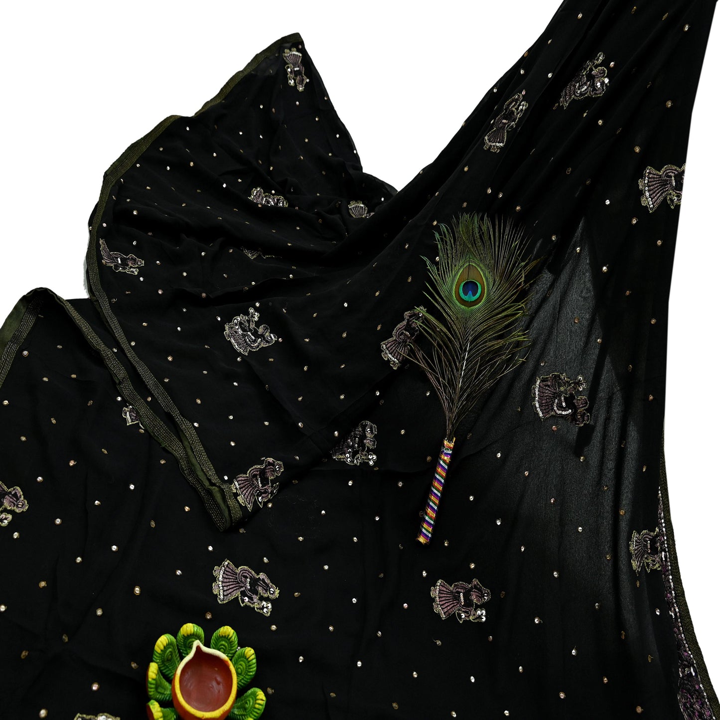 Indian Vintage Heavy Sari Black Pure Georgette Silk Hand Beaded Sarees Craft Fabric 5Yd Sewing Soft Ethnic Wedding Heavy Sarees Dress making
