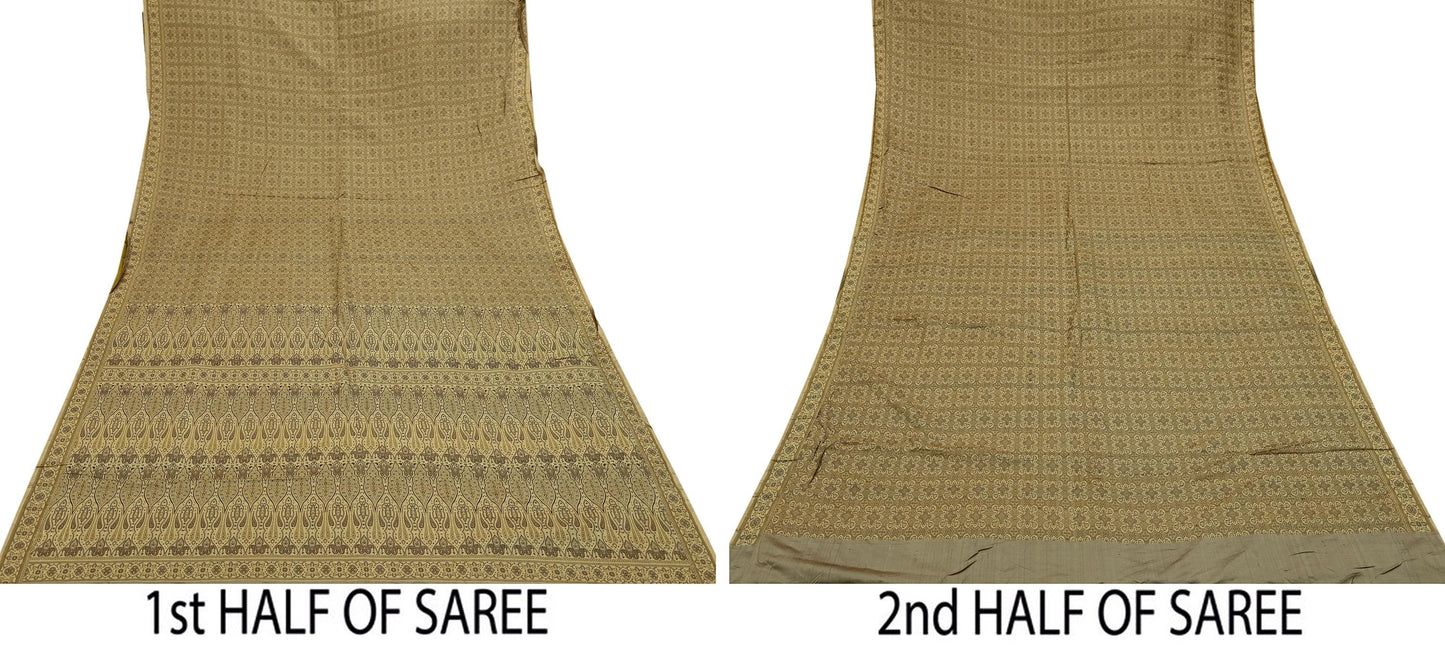 Indian Vintage Sari Beige Heavy Pure Satin Silk Hand Woven Tanchoi Sarees Ethnic Wear 5Yd Paisley Craft Fabric Dress Making Crafting