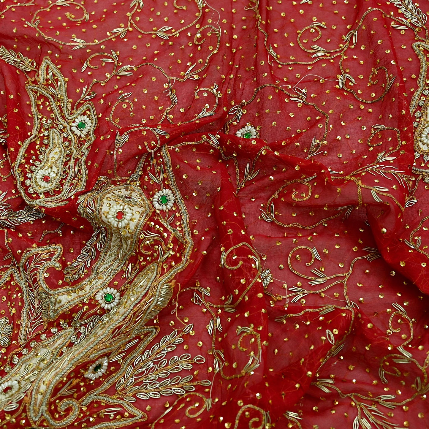 Indian Vintage Heavy Bridal Red Dupatta Pure Chiffon Silk Long Stole Hand Embroidered Scarf Zardozi/Dabka Zari Sequins Wedding Veil Hijab