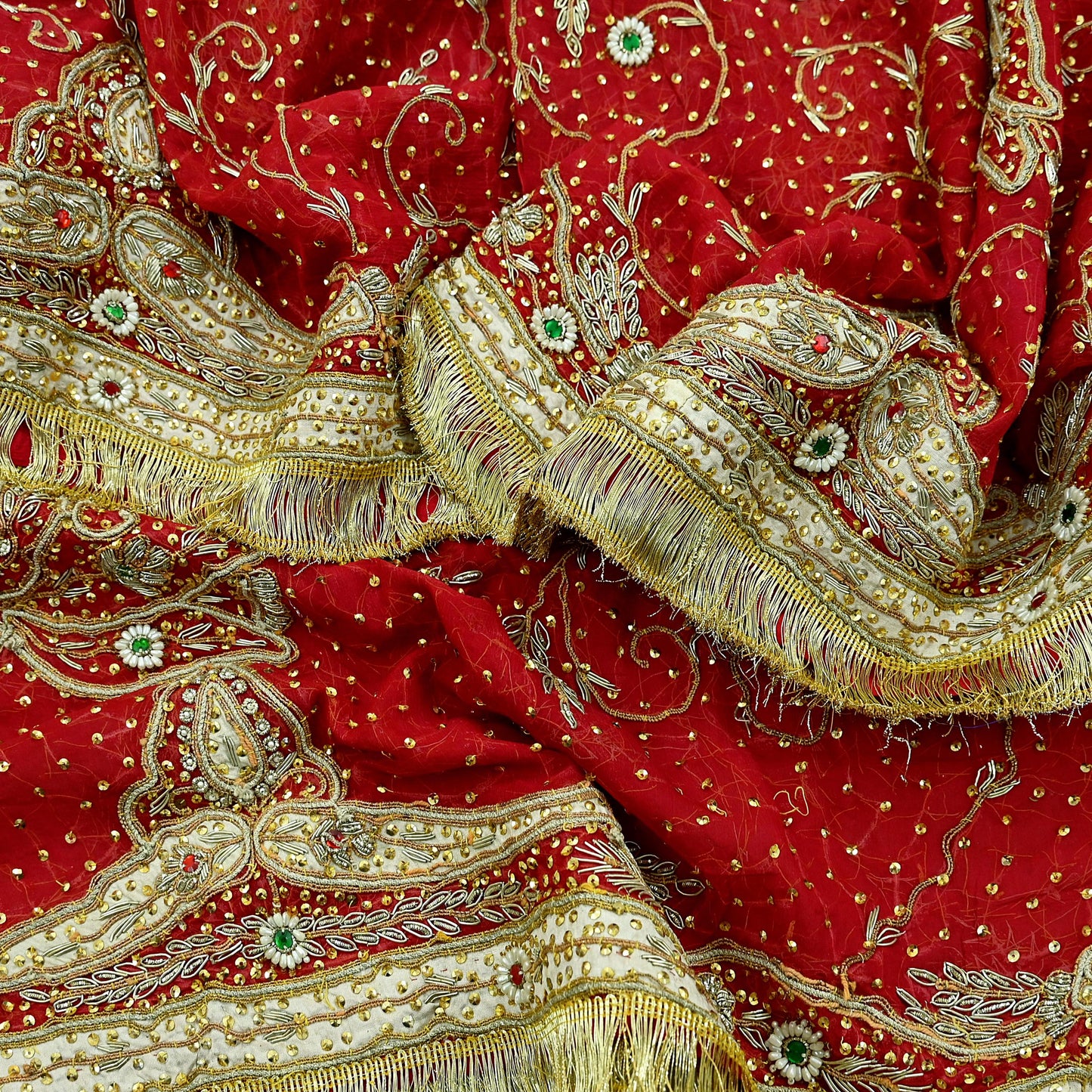 Indian Vintage Heavy Bridal Red Dupatta Pure Chiffon Silk Long Stole Hand Embroidered Scarf Zardozi/Dabka Zari Sequins Wedding Veil Hijab