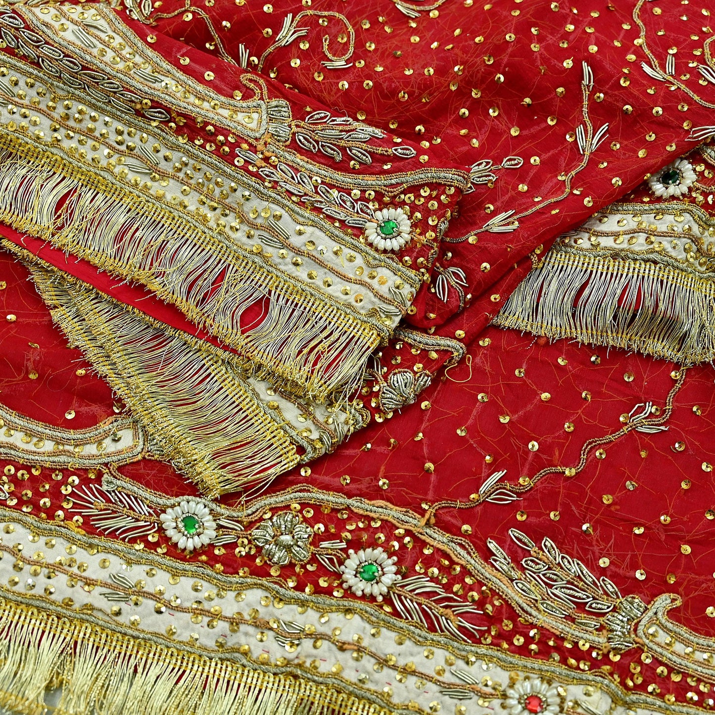 Indian Vintage Heavy Bridal Red Dupatta Pure Chiffon Silk Long Stole Hand Embroidered Scarf Zardozi/Dabka Zari Sequins Wedding Veil Hijab