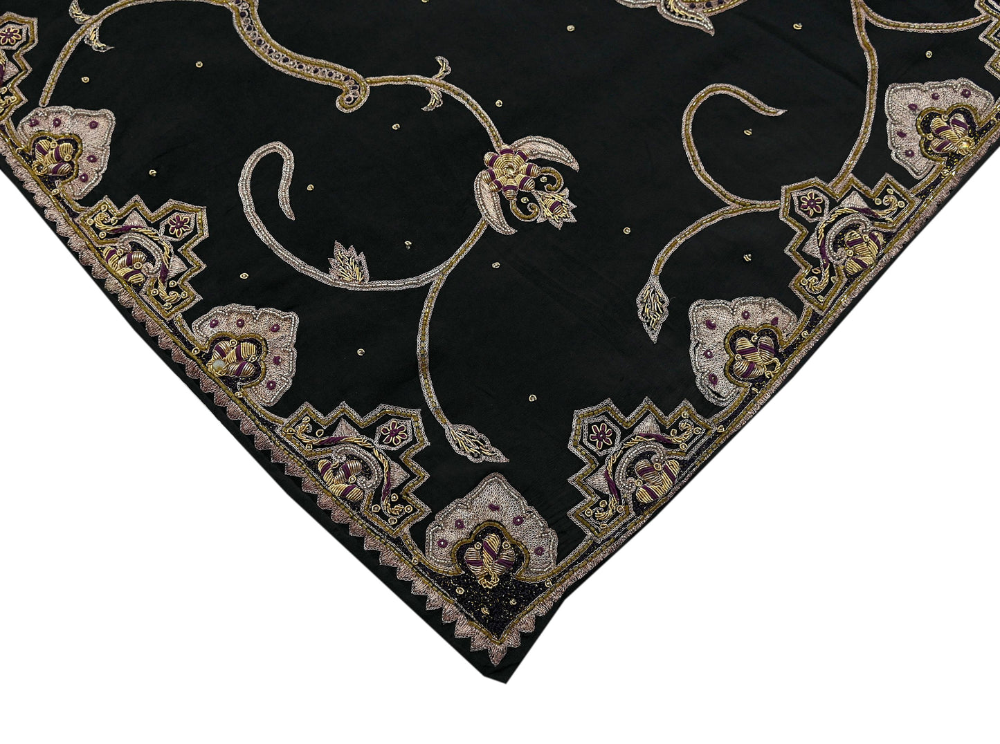 Indian Vintage Heavy Black Dupatta Pure Crepe Silk Long Stole Hand Embroidered Scarves Dabka Zardozi Zari Stole