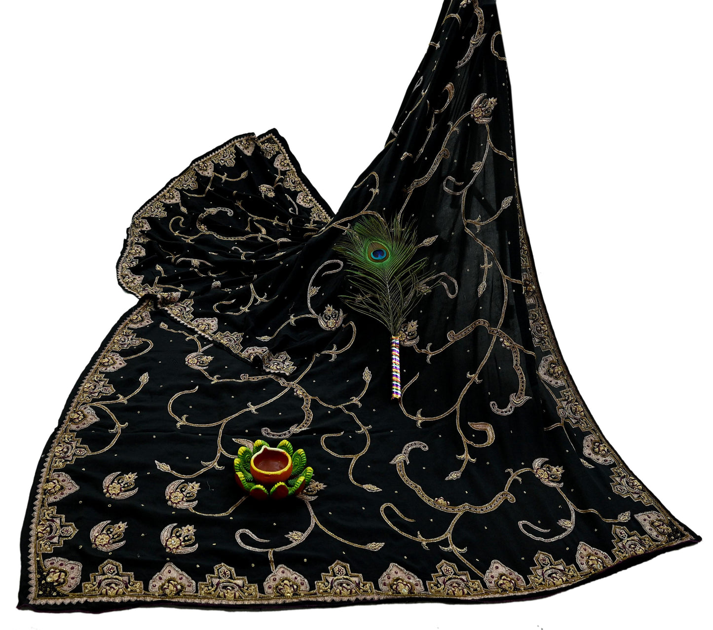 Indian Vintage Heavy Black Dupatta Pure Crepe Silk Long Stole Hand Embroidered Scarves Dabka Zardozi Zari Stole