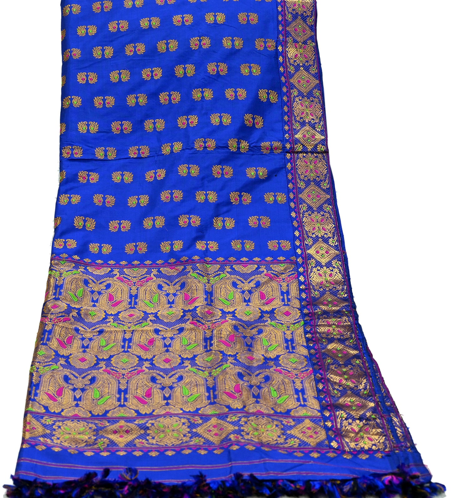 Indian Antique Vintage Heavy Blue Dupatta Pure Silk Long Stole Hand Woven Assam Scarves Veil Scarf Zari Fringes