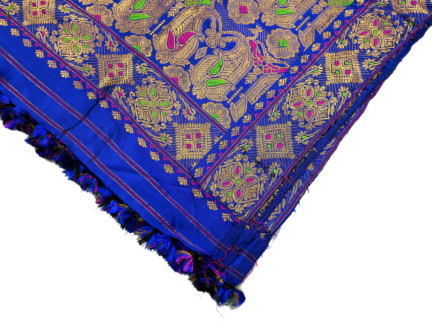 Indian Antique Vintage Heavy Blue Dupatta Pure Silk Long Stole Hand Woven Assam Scarves Veil Scarf Zari Fringes