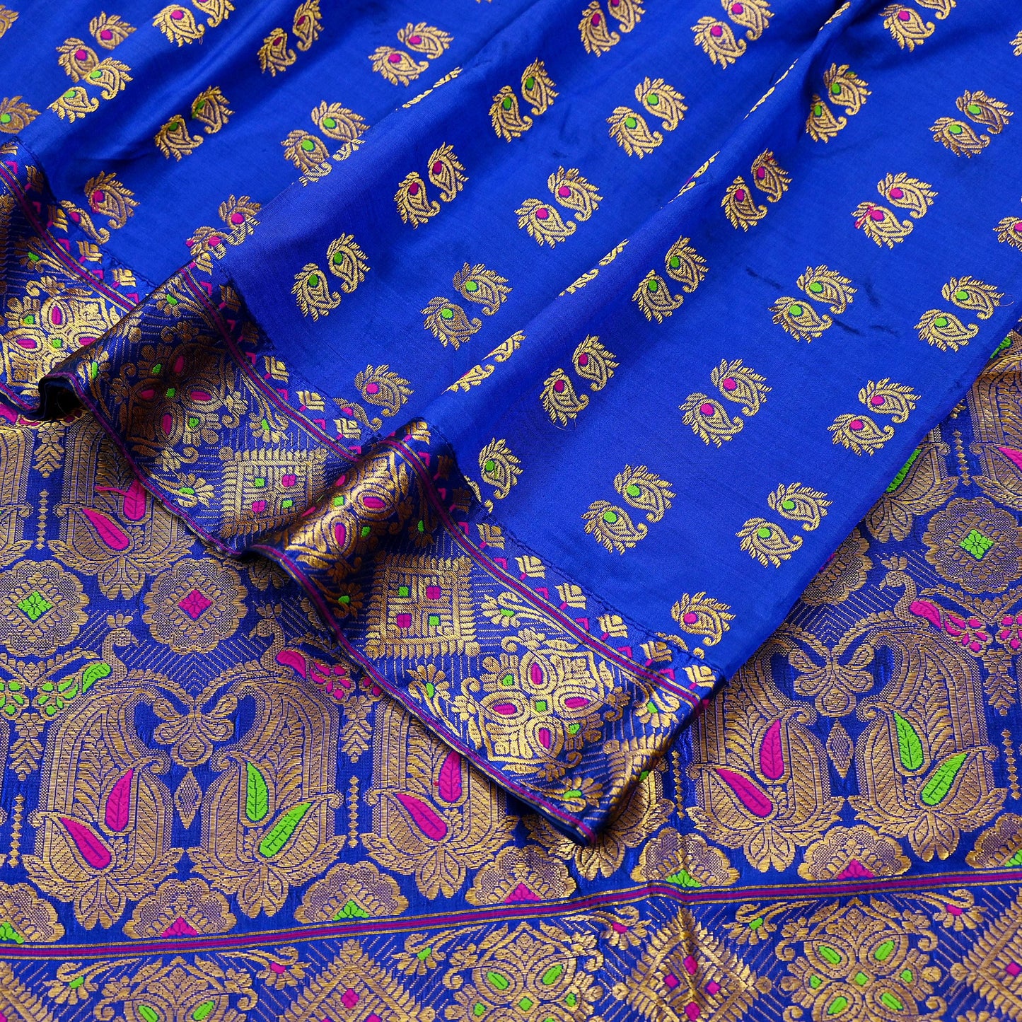 Indian Antique Vintage Heavy Blue Dupatta Pure Silk Long Stole Hand Woven Assam Scarves Veil Scarf Zari Fringes