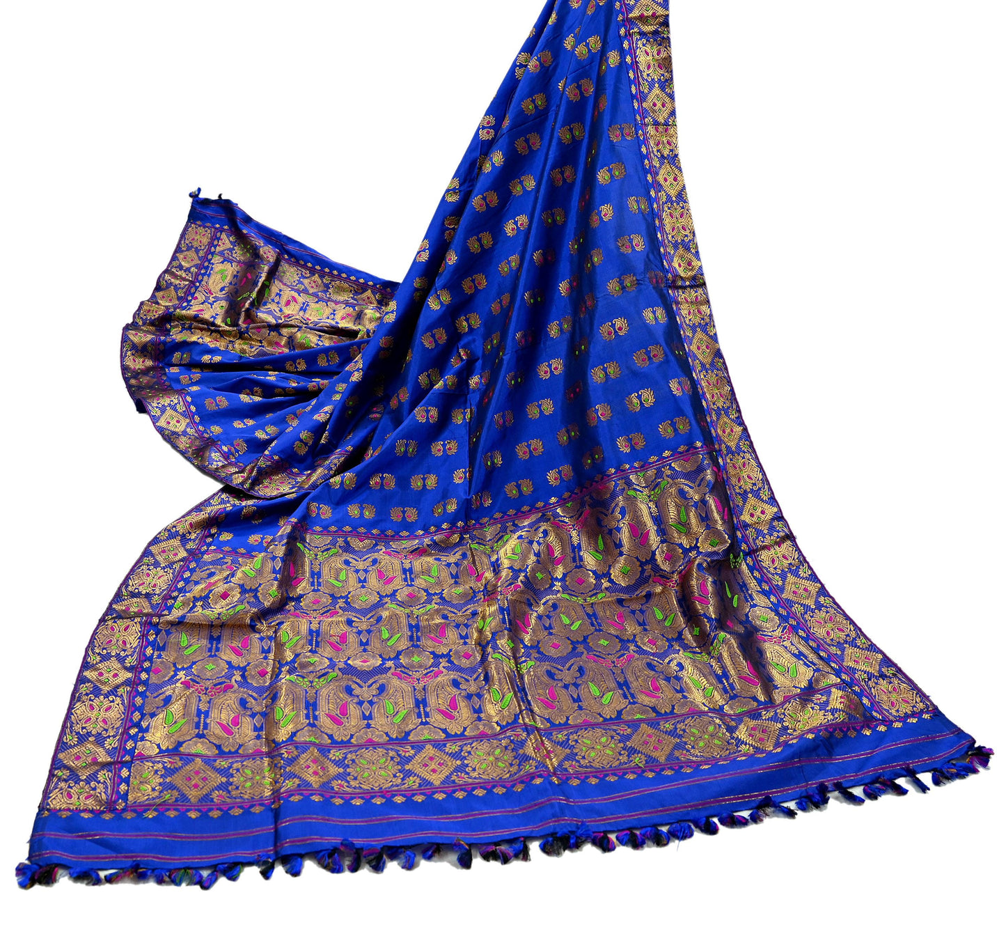 Indian Antique Vintage Heavy Blue Dupatta Pure Silk Long Stole Hand Woven Assam Scarves Veil Scarf Zari Fringes