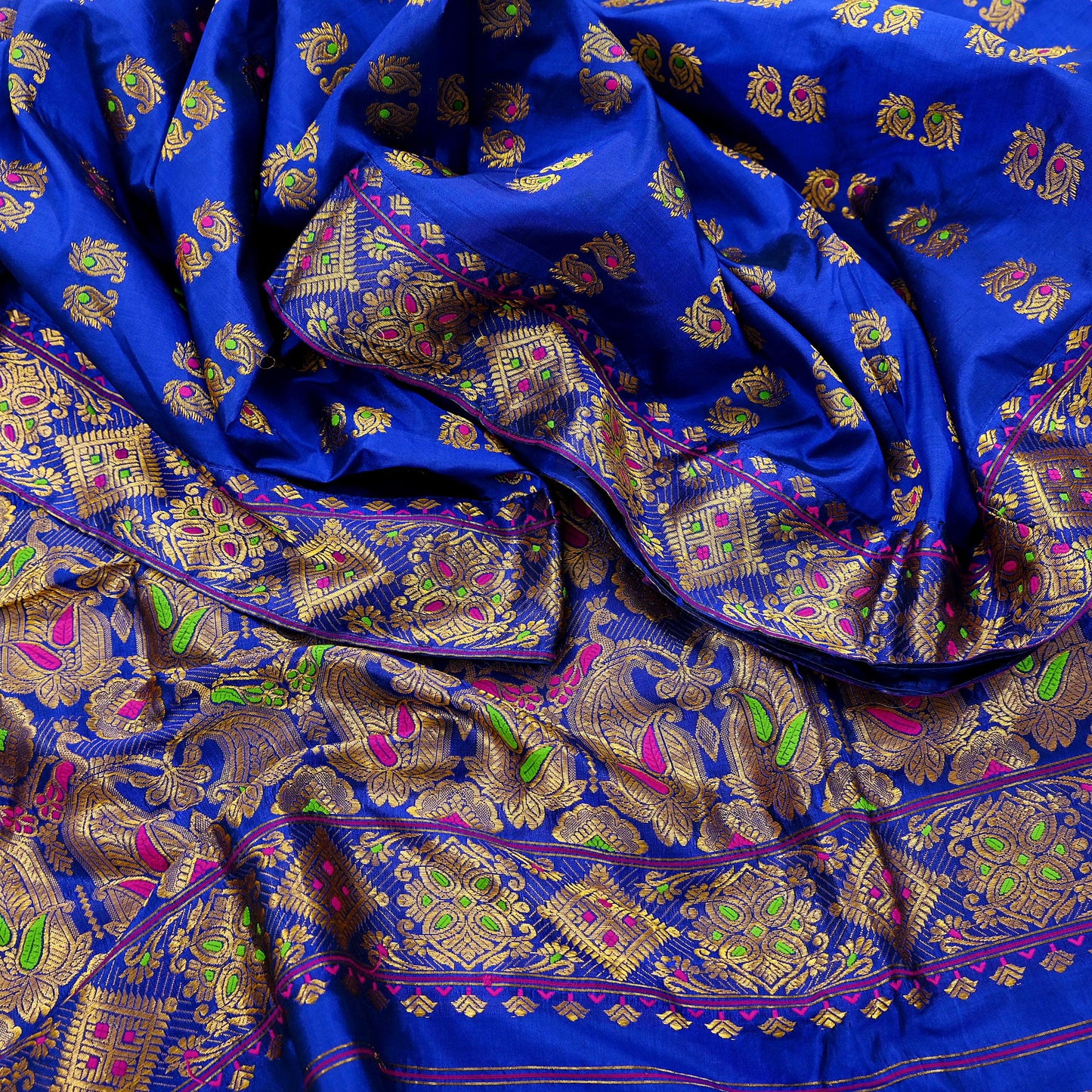 Indian Antique Vintage Heavy Blue Dupatta Pure Silk Long Stole Hand Woven Assam Scarves Veil Scarf Zari Fringes