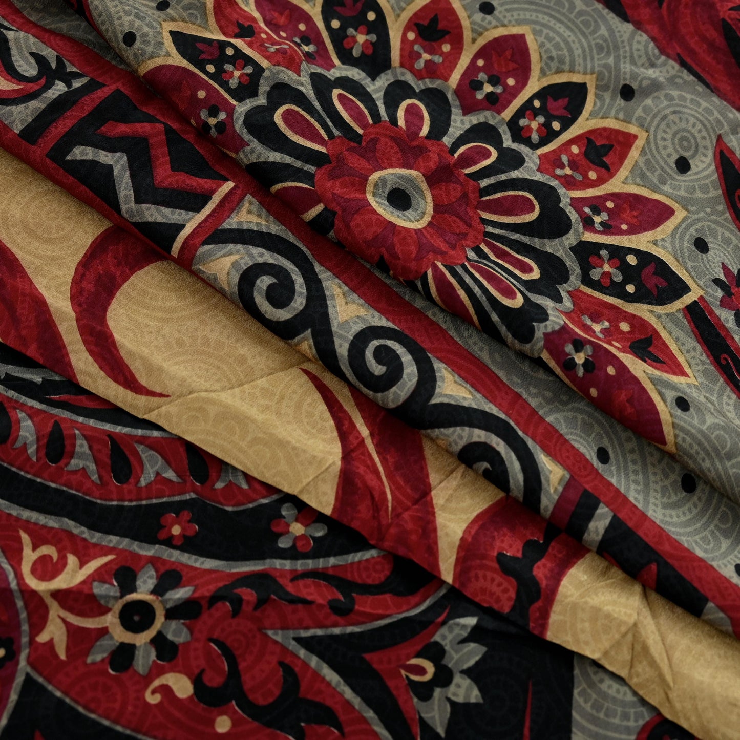 Indian Vintage Sari Black & Red Pure Crepe Silk Printed Saree 5yard Sewing Rose Flower Soft Craft Fabric Wrap