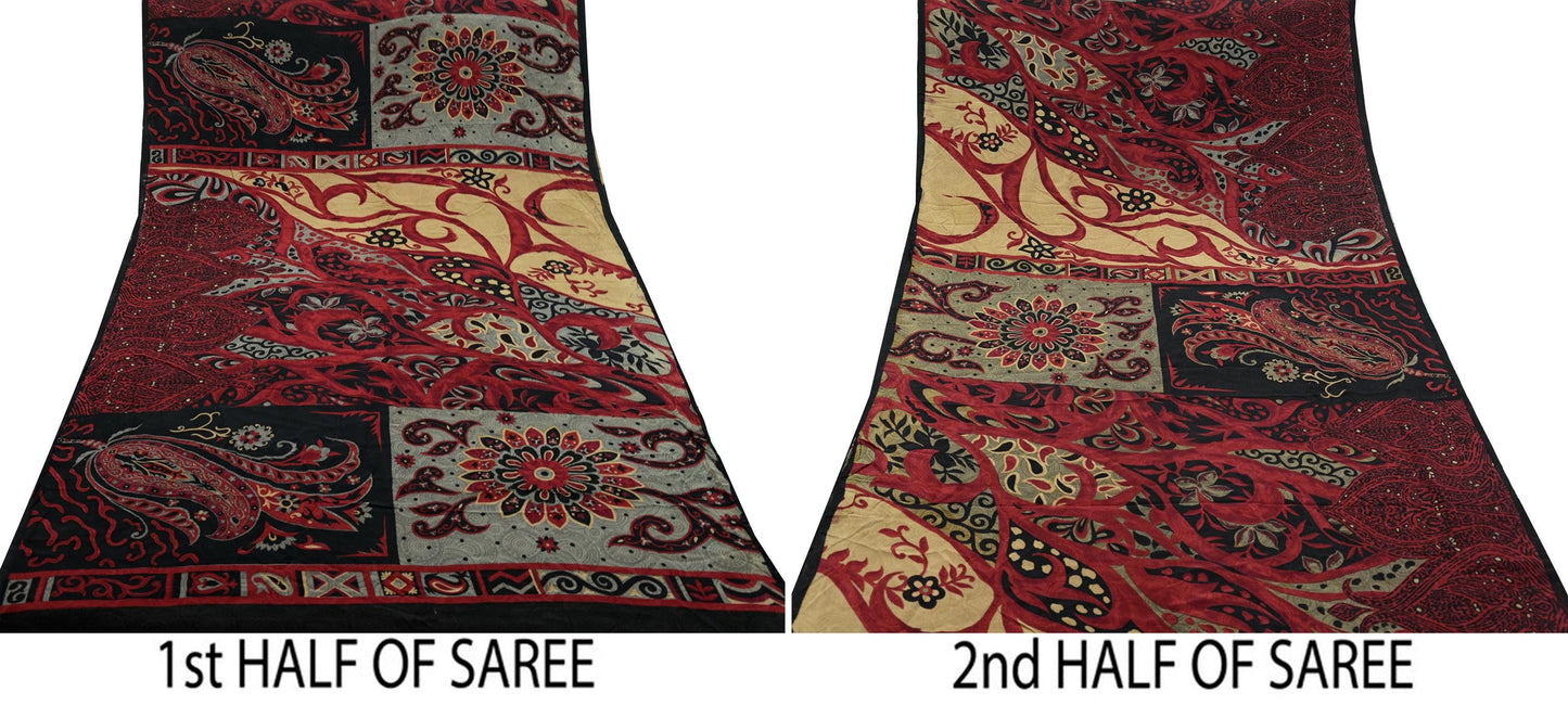Indian Vintage Sari Black & Red Pure Crepe Silk Printed Saree 5yard Sewing Rose Flower Soft Craft Fabric Wrap