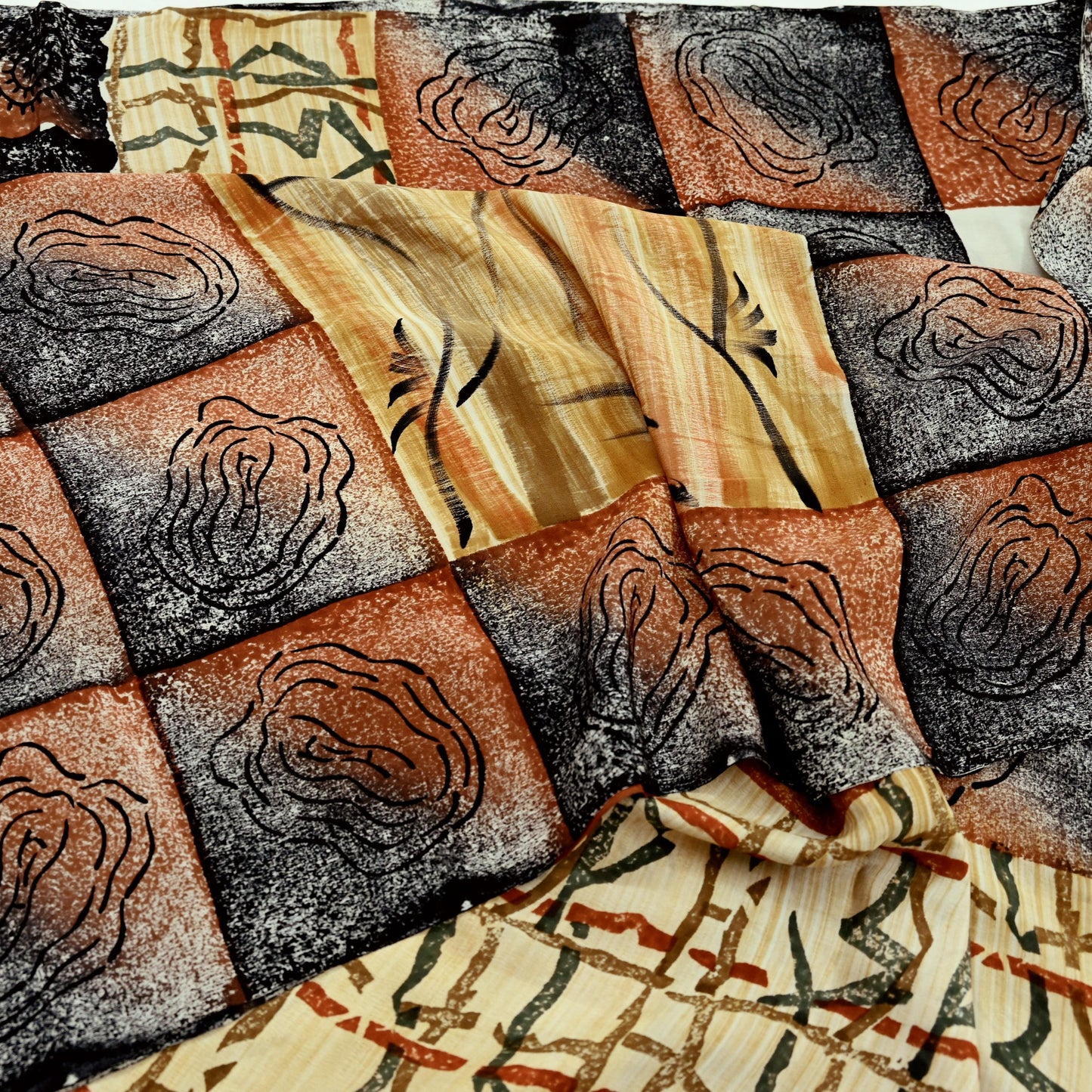 Indian Vintage Sari Orange & Black Pure Crepe Silk Printed Sarees 5yd Sewing Floral Soft Craft Fabric Ethnic Wrap Dress making Crafting