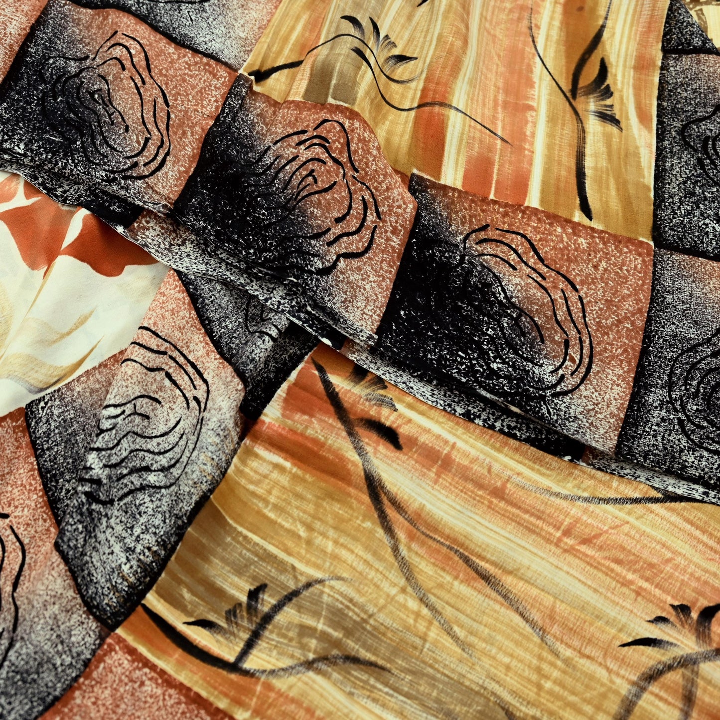 Indian Vintage Sari Orange & Black Pure Crepe Silk Printed Sarees 5yd Sewing Floral Soft Craft Fabric Ethnic Wrap Dress making Crafting