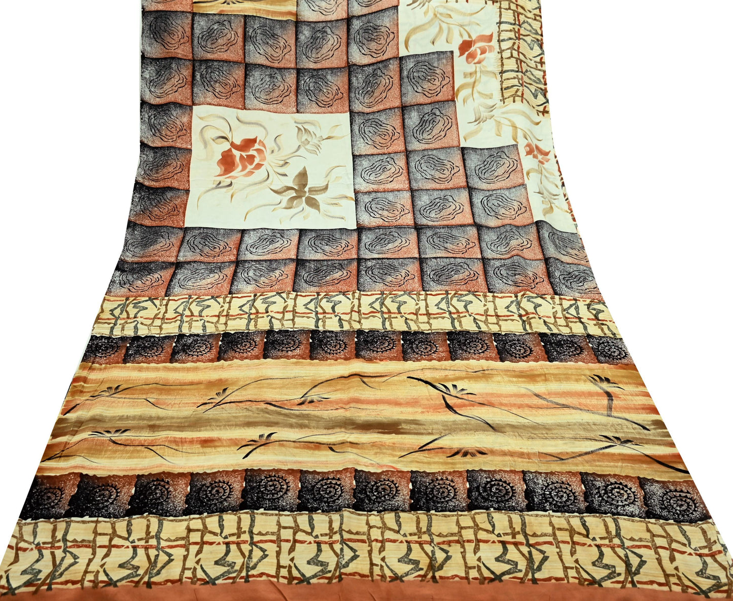 Indian Vintage Sari Orange & Black Pure Crepe Silk Printed Sarees 5yd Sewing Floral Soft Craft Fabric Ethnic Wrap Dress making Crafting