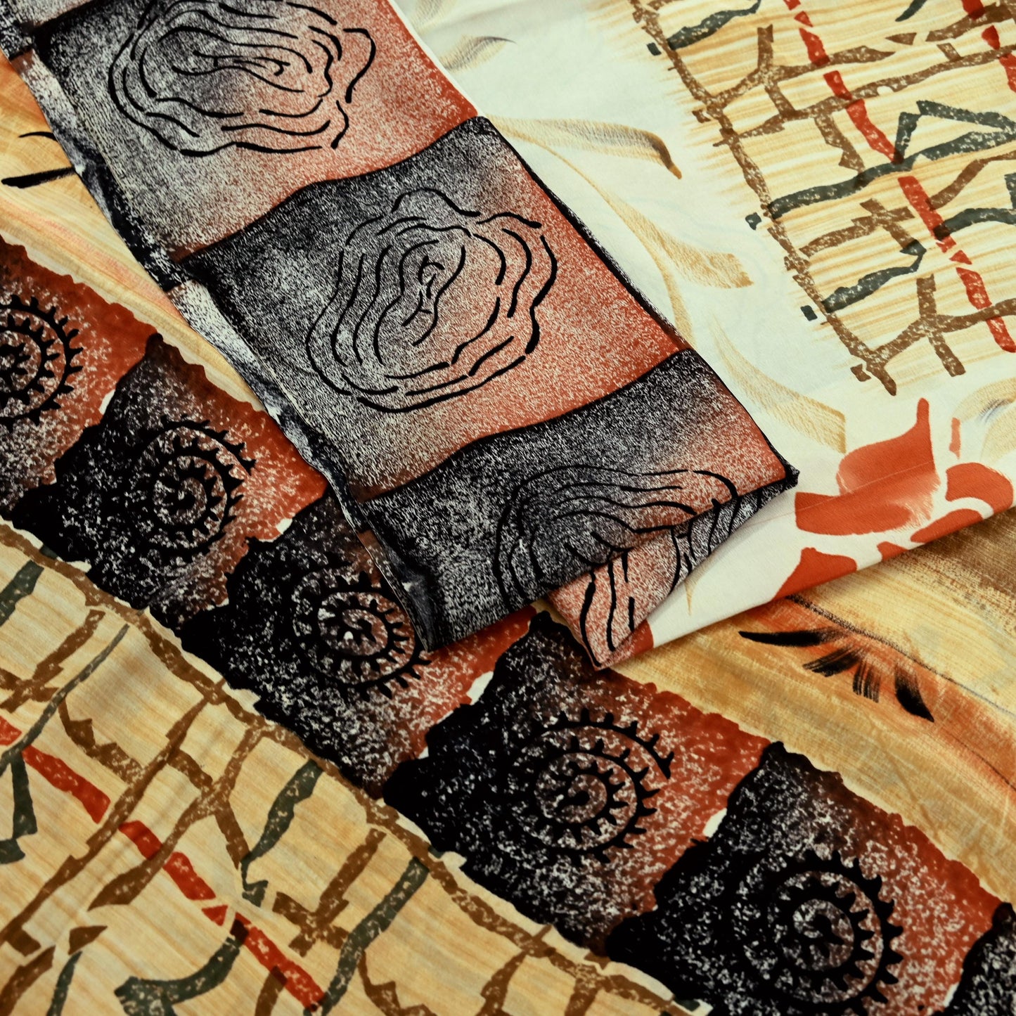 Indian Vintage Sari Orange & Black Pure Crepe Silk Printed Sarees 5yd Sewing Floral Soft Craft Fabric Ethnic Wrap Dress making Crafting