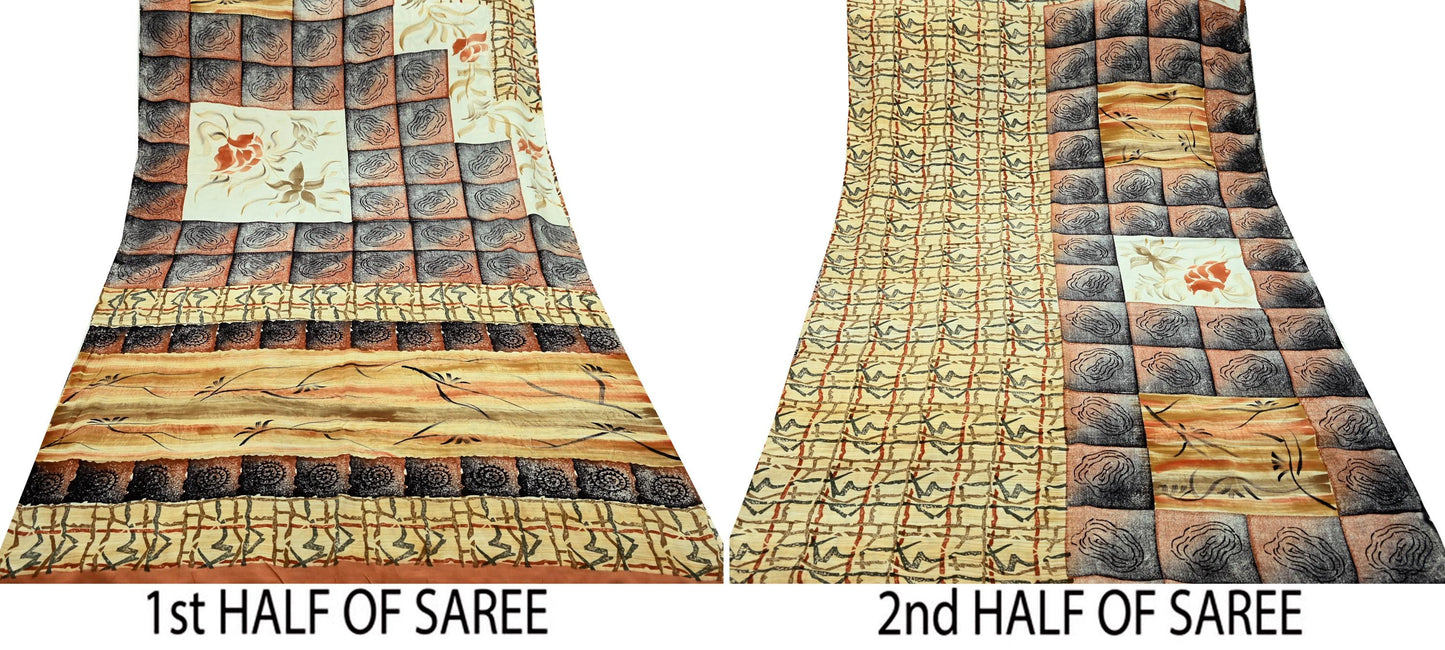 Indian Vintage Sari Orange & Black Pure Crepe Silk Printed Sarees 5yd Sewing Floral Soft Craft Fabric Ethnic Wrap Dress making Crafting