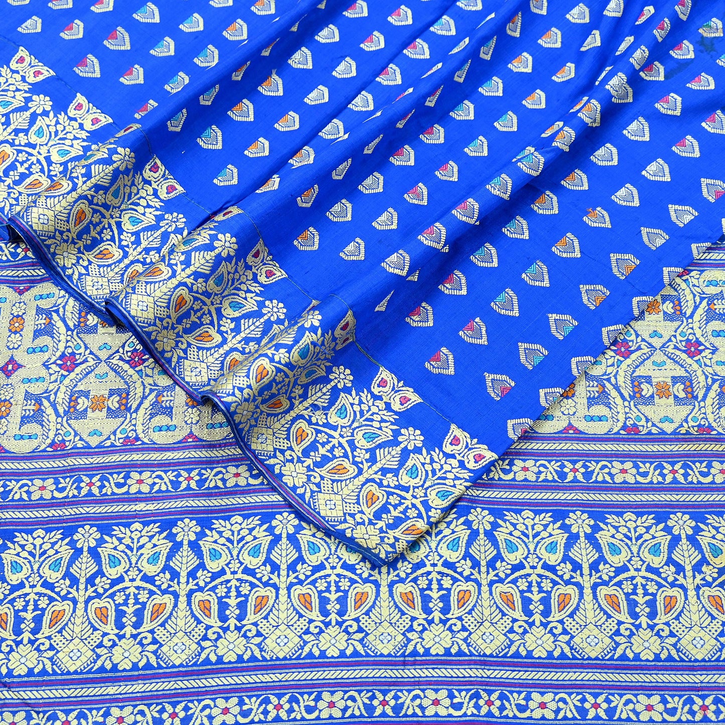Indian Antique Vintage Heavy Blue Dupatta Pure Silk Long Stole Hand Woven Assam Scarves Veil Scarf Fringes