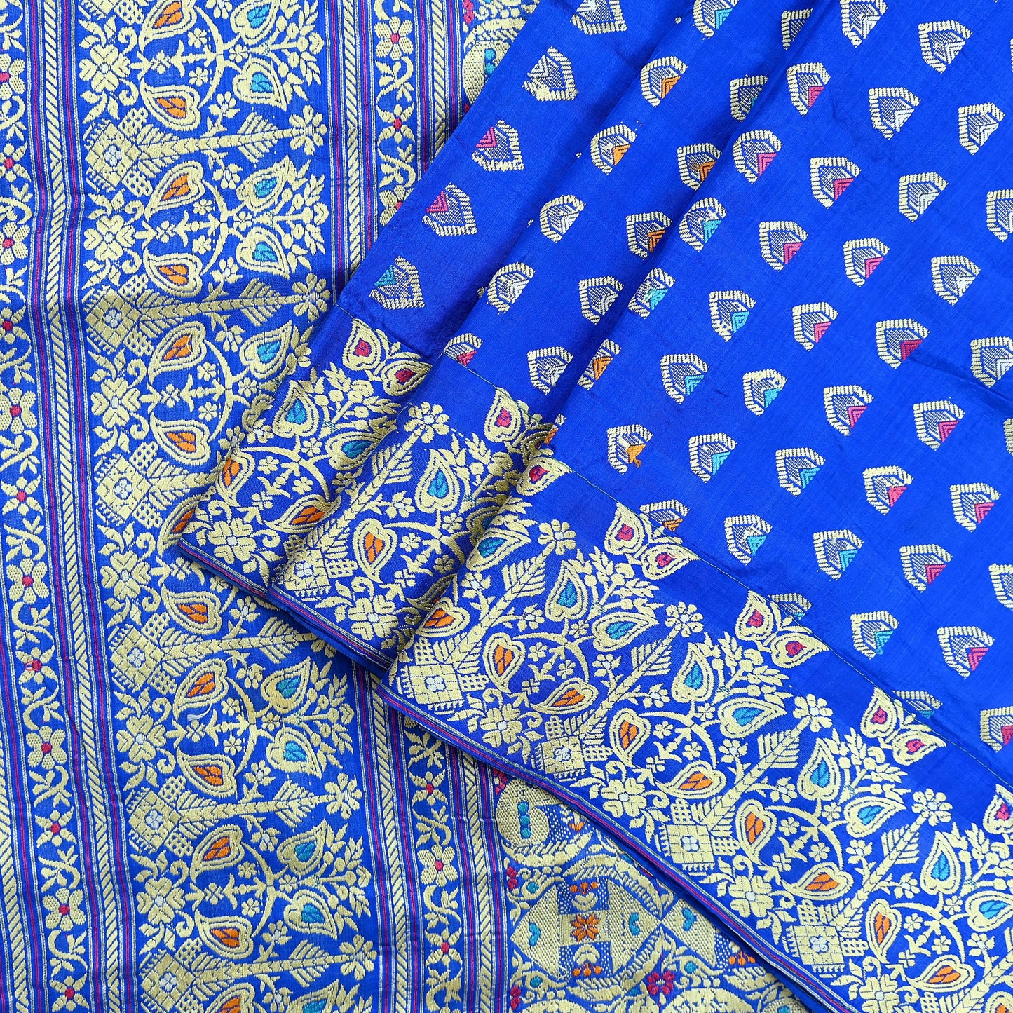Indian Antique Vintage Heavy Blue Dupatta Pure Silk Long Stole Hand Woven Assam Scarves Veil Scarf Fringes