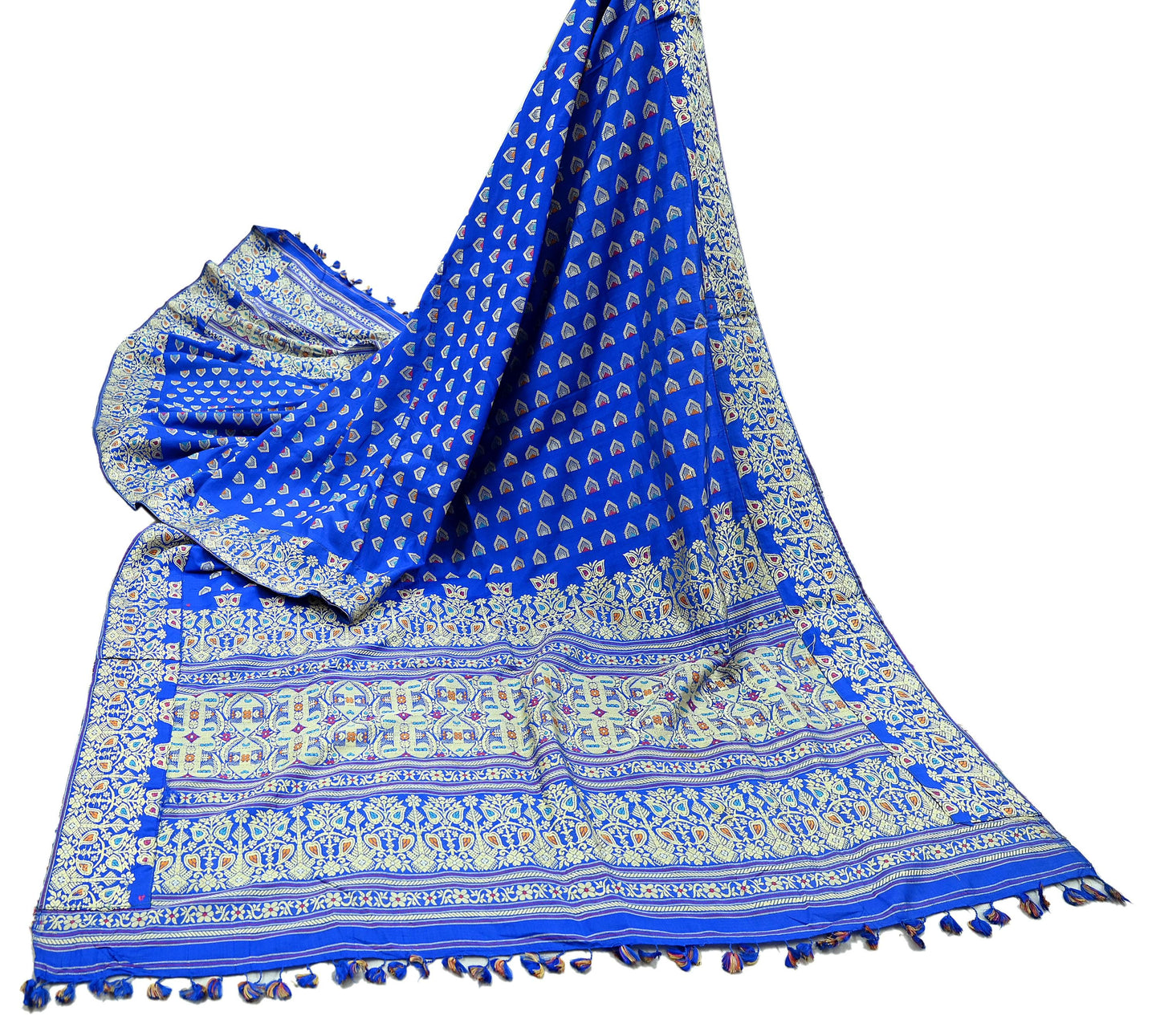 Indian Antique Vintage Heavy Blue Dupatta Pure Silk Long Stole Hand Woven Assam Scarves Veil Scarf Fringes