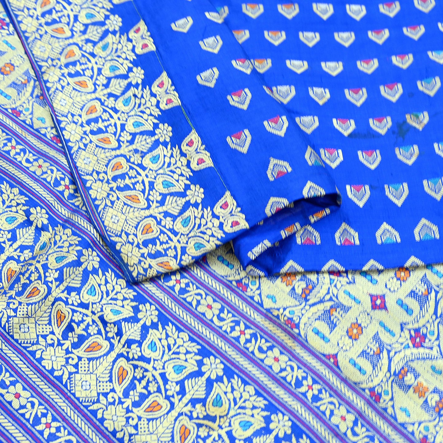Indian Antique Vintage Heavy Blue Dupatta Pure Silk Long Stole Hand Woven Assam Scarves Veil Scarf Fringes