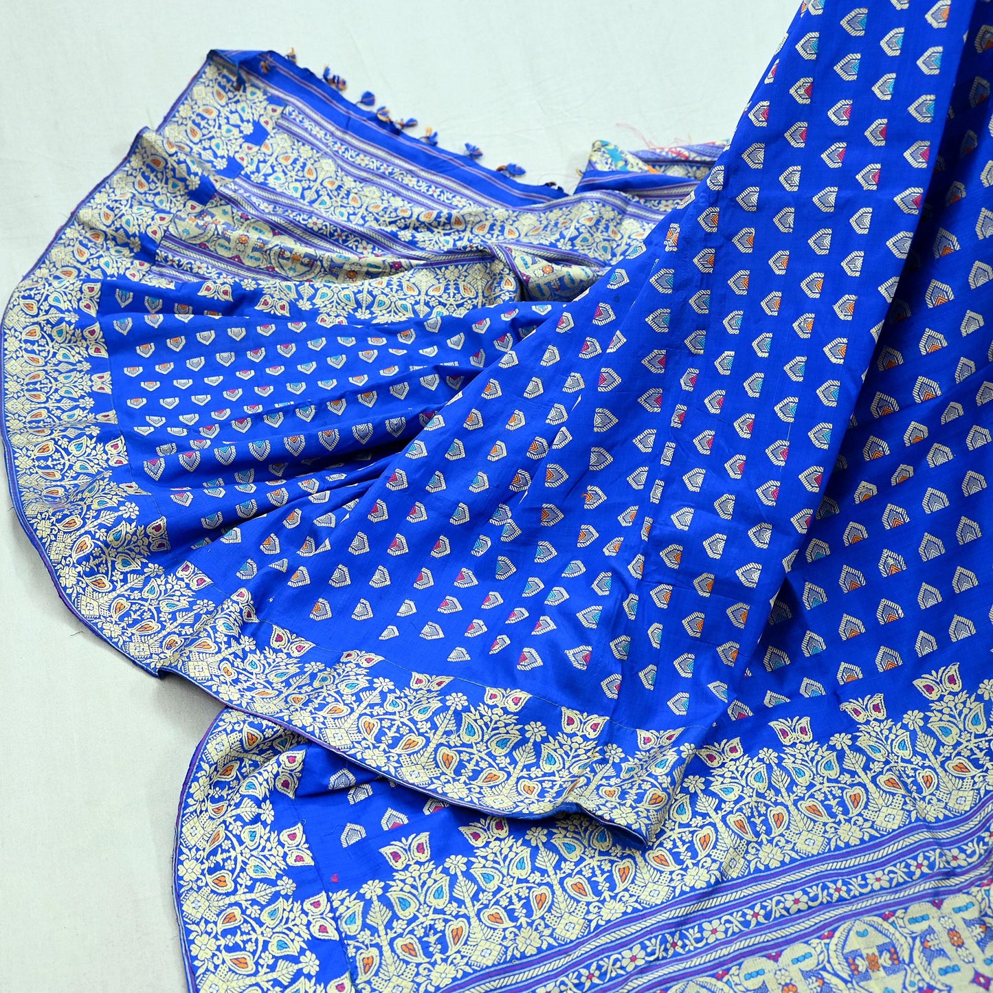 Indian Antique Vintage Heavy Blue Dupatta Pure Silk Long Stole Hand Woven Assam Scarves Veil Scarf Fringes