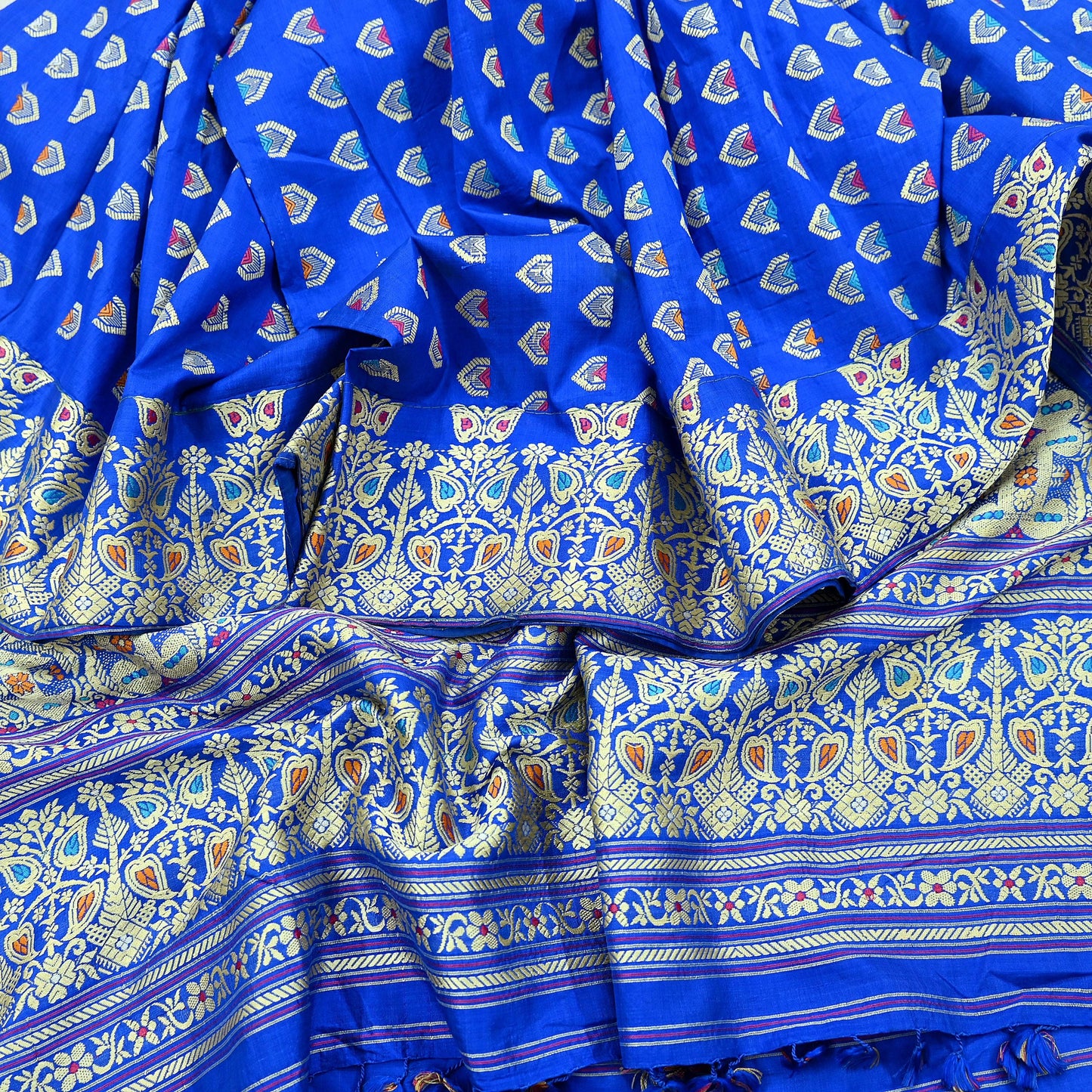 Indian Antique Vintage Heavy Blue Dupatta Pure Silk Long Stole Hand Woven Assam Scarves Veil Scarf Fringes
