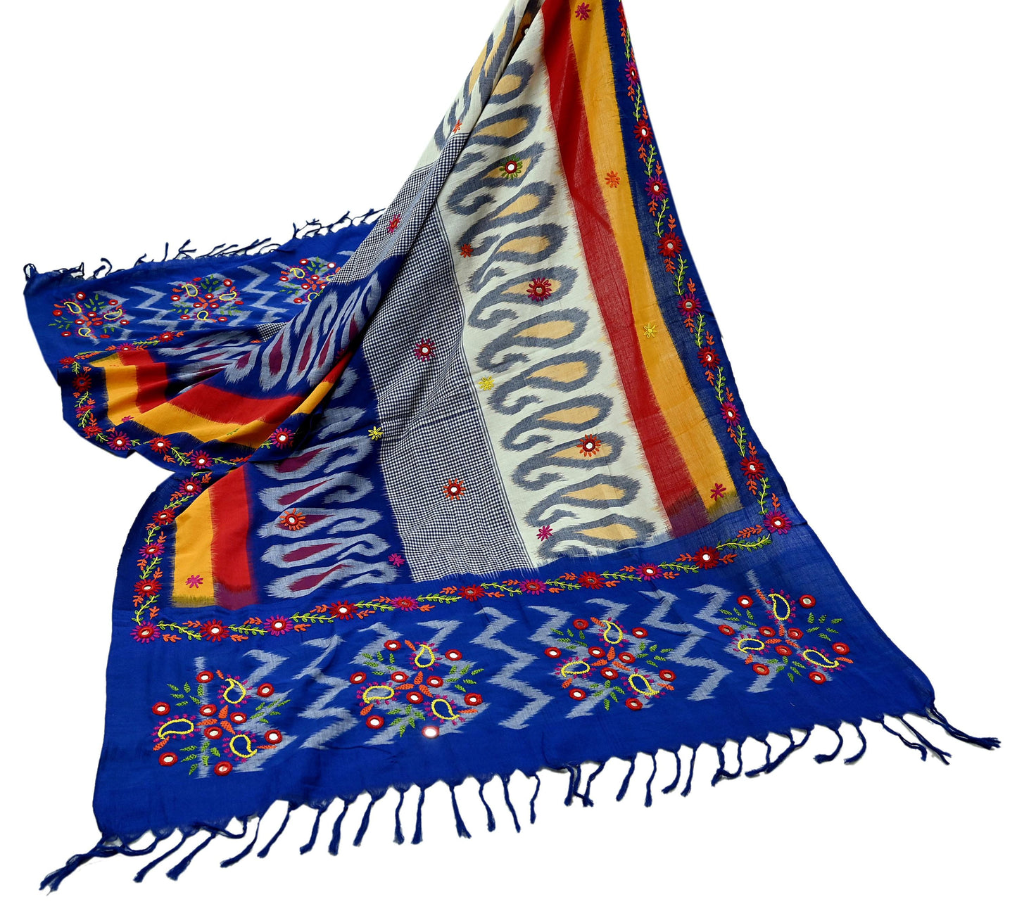 Indian Vintage Dupatta Blue & White Long Stole Hand woven Sambalpuri Ikat Kantha Hijab Pure Cotton Scarves Veil
