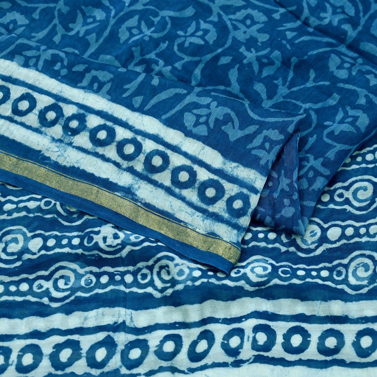 Indian Vintage Dupatta Blue Dupatta Long Stole Block Print Pure Chanderi Silk Scarves Veil Golden Zari