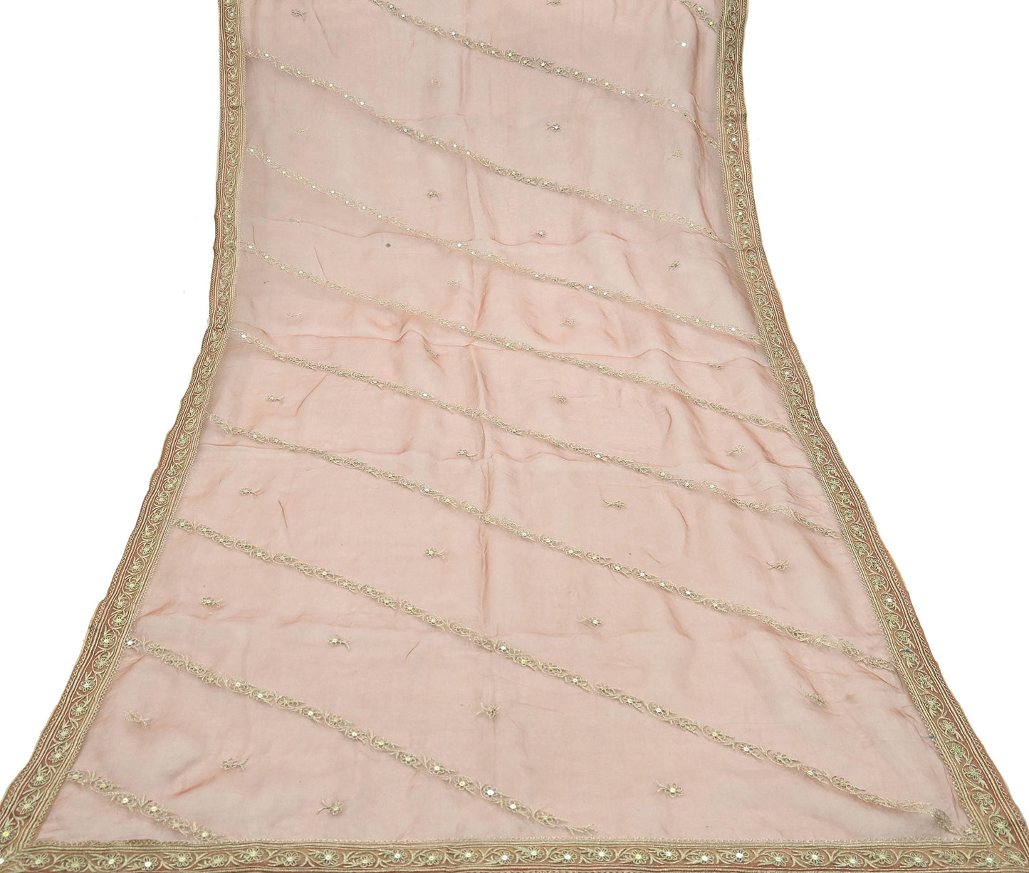 Indian Vintage Dupatta Peach Pure Organza Silk Long Stole Hand Embroidered Scarves Veil Zari Sequins