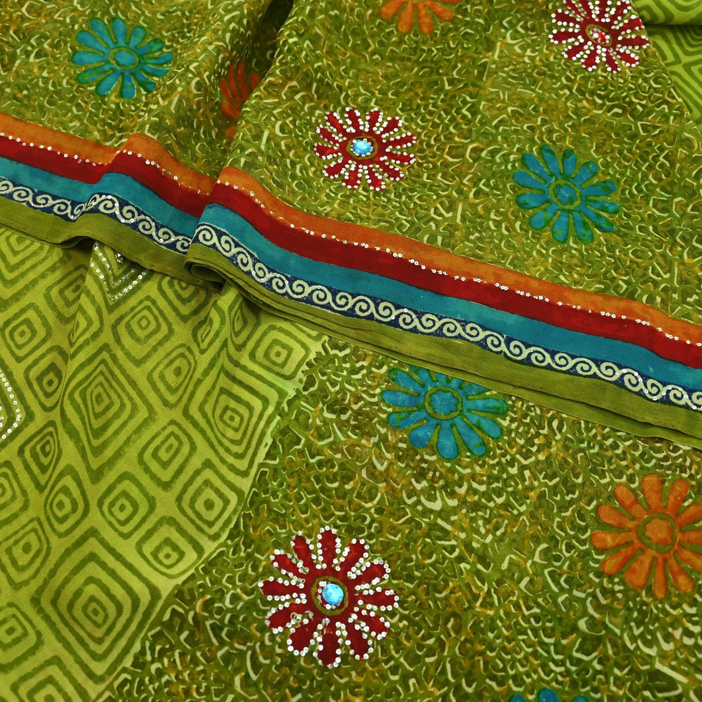 Indian Vintage Green Saree Pure Georgette Silk Hand Embroidered Printed Sari Craft Fabric Sewing 6Yard Soft Light Dress Making Floral