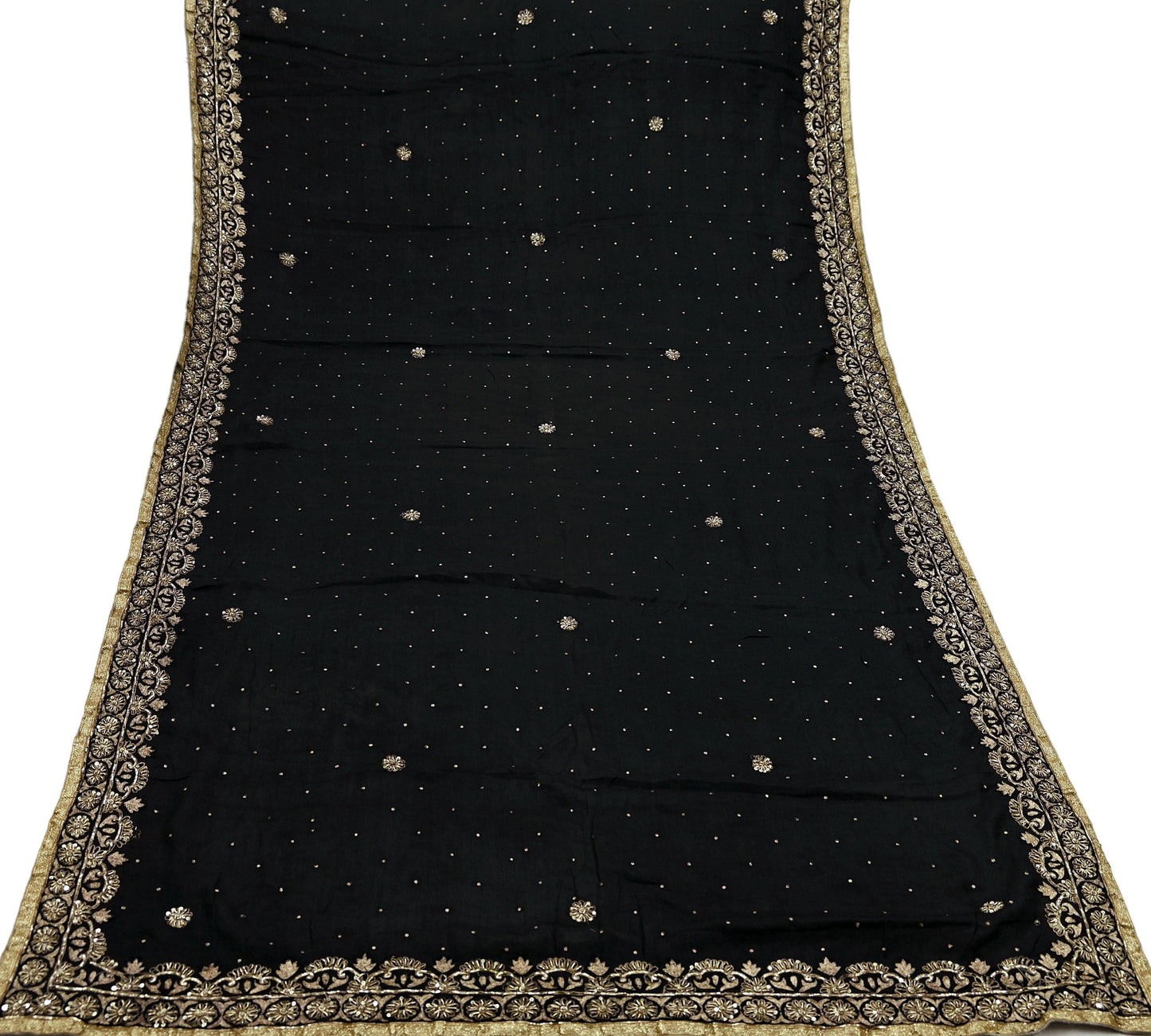 Indian Vintage Black Dupatta Pure silk Long Stole Hand Embroidered Scarves Floral Design Stole Veil Wrap Zari Zardozi